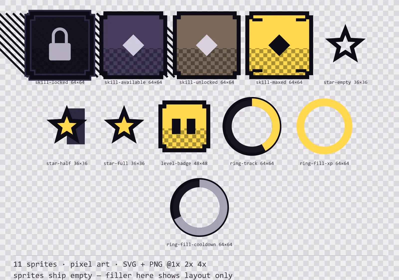 Sheet showing 11 pixel art progression and reward components from the Dusk family, arranged on a transparency checkerboard with their pixel sizes printed underneath
