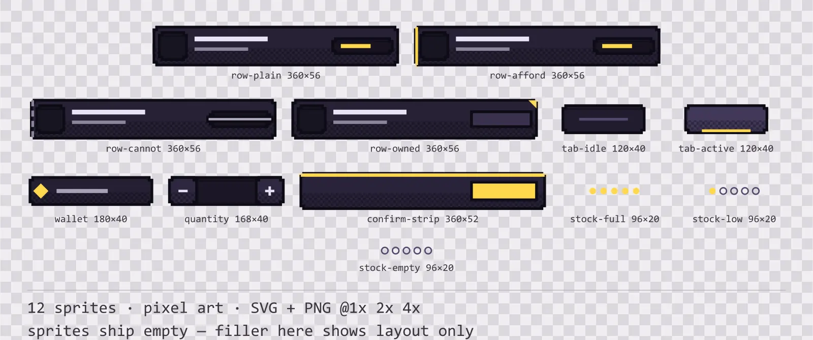 Foglio con 12 elementi di negozio ed economia (pixel art) della famiglia Dusk, disposti su una scacchiera di trasparenza con le misure in pixel scritte sotto