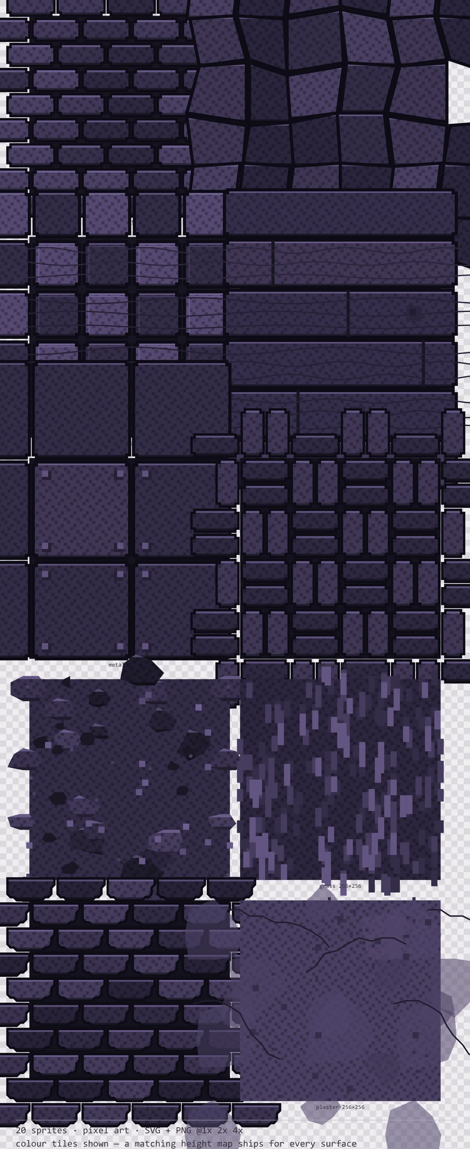 Sheet showing 20 pixel art tiling surface textures from the Dusk family, arranged on a transparency checkerboard with their pixel sizes printed underneath