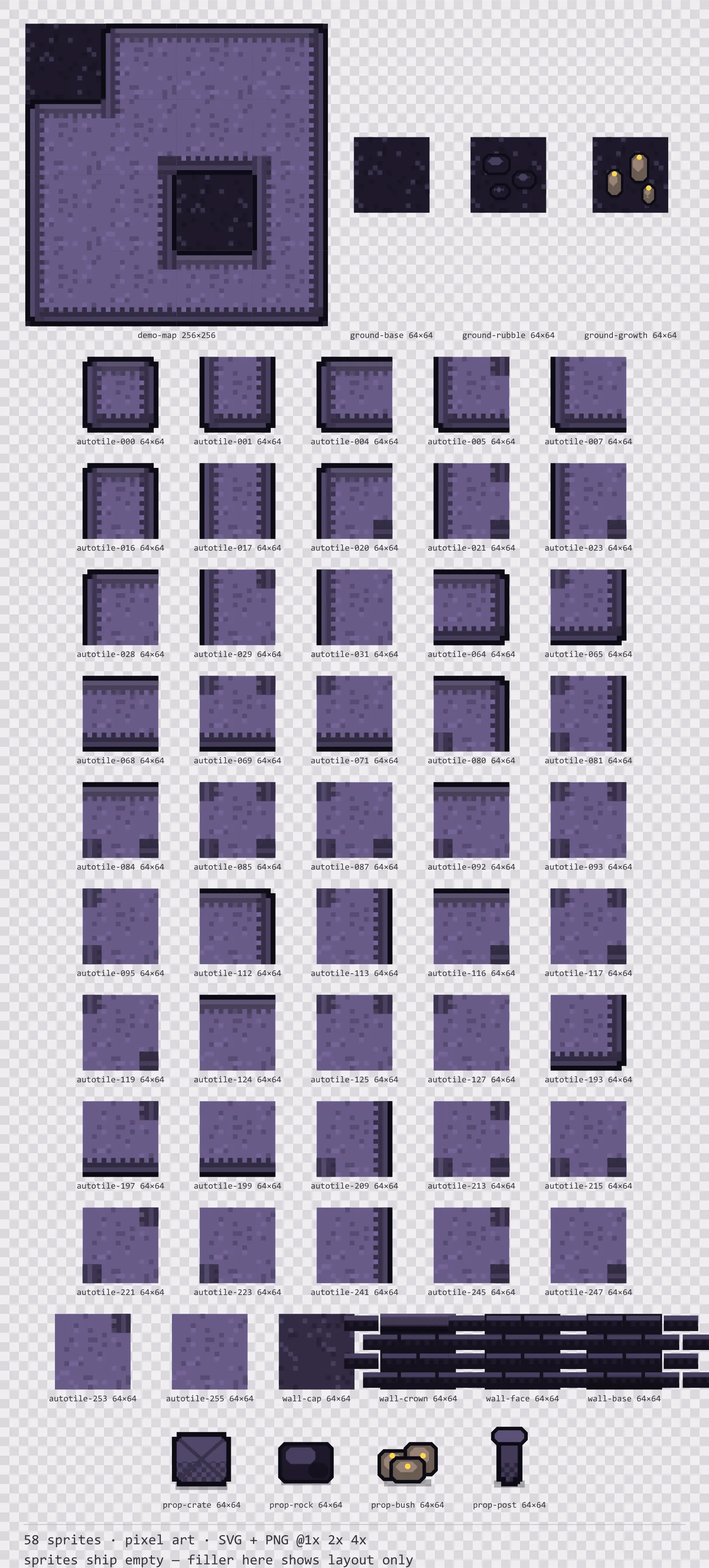 Sheet showing 58 pixel art tiles from the Dusk family, arranged on a transparency checkerboard with their pixel sizes printed underneath