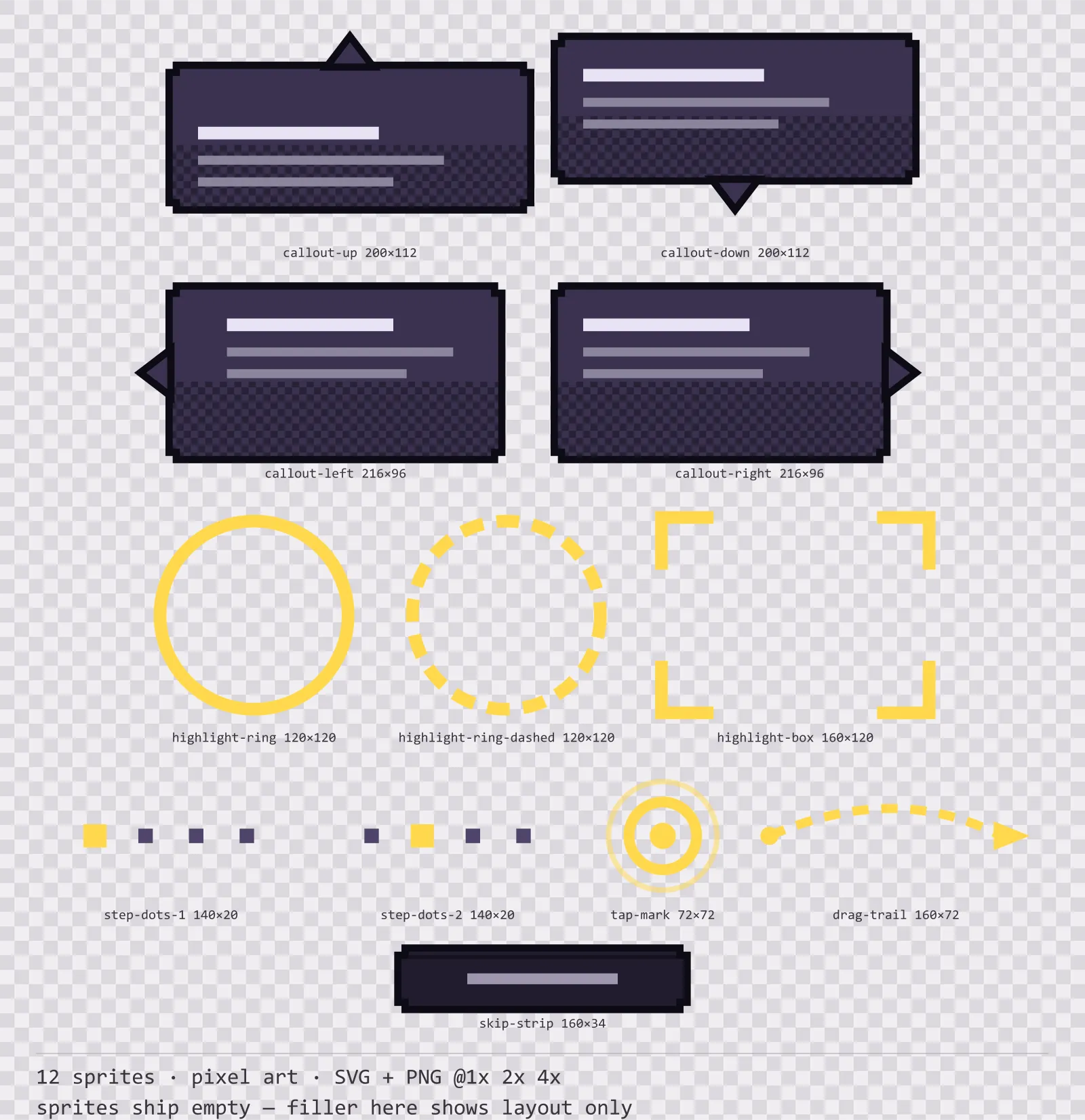 Sheet showing 12 pixel art tutorial and onboarding markers from the Dusk family, arranged on a transparency checkerboard with their pixel sizes printed underneath