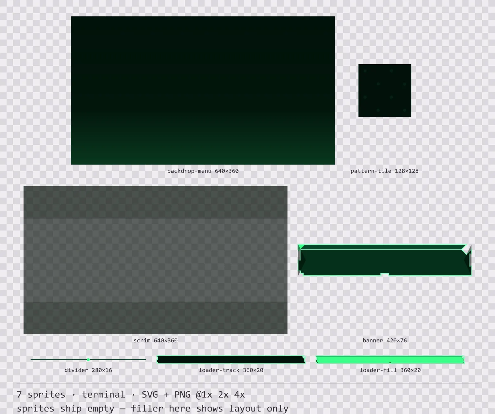 Sheet showing 7 terminal background and overlay pieces from the Greenscreen family, arranged on a transparency checkerboard with their pixel sizes printed underneath