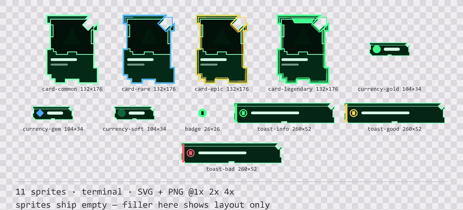 Sheet showing 11 terminal card, currency and notification components from the Greenscreen family, arranged on a transparency checkerboard with their pixel sizes printed underneath