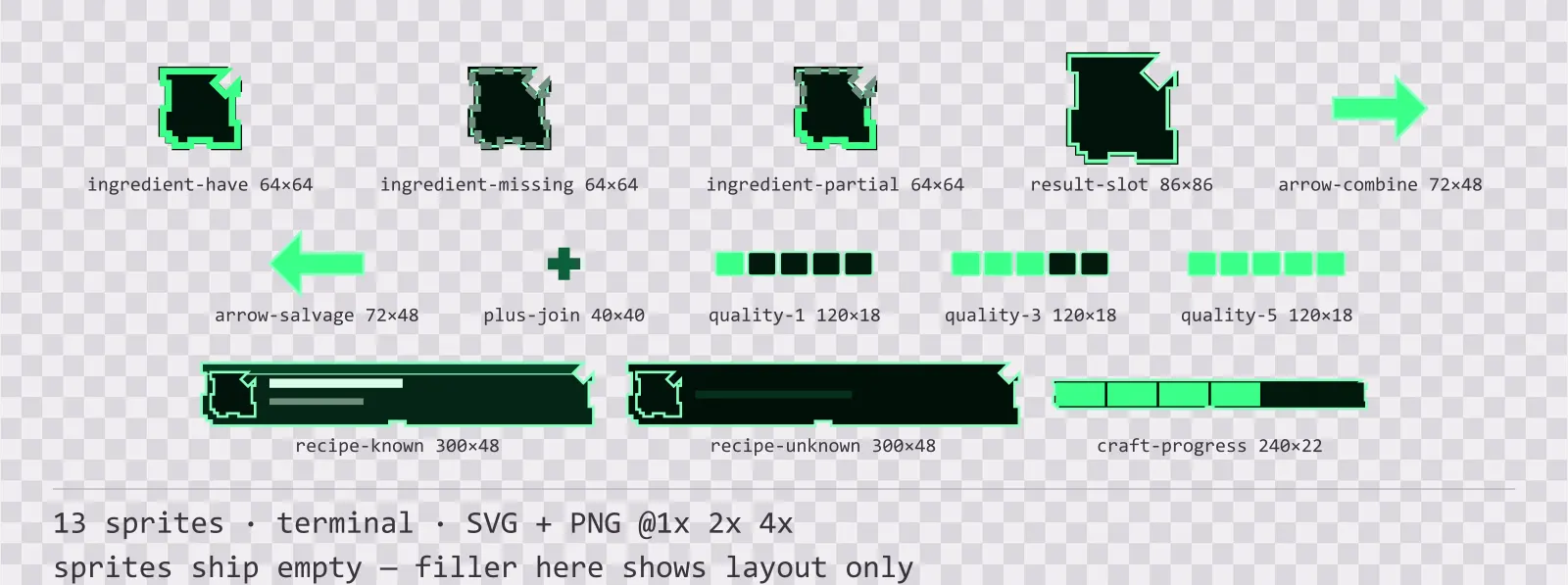 Foglio con 13 elementi di crafting e ricette (terminale) della famiglia Greenscreen, disposti su una scacchiera di trasparenza con le misure in pixel scritte sotto