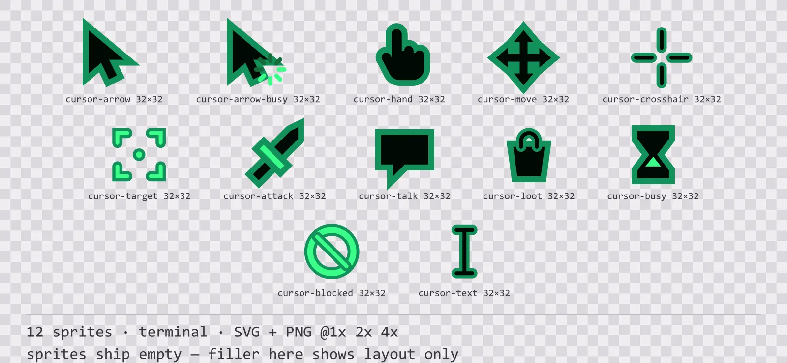 Blatt mit 12 Mauscursor (Terminal) aus der Familie Greenscreen, angeordnet auf einem Transparenz-Schachbrett, mit den Pixelmaßen darunter