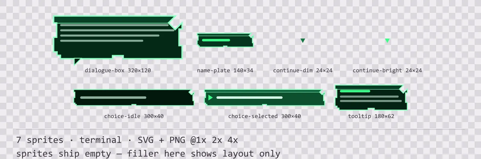 Sheet showing 7 terminal dialogue components from the Greenscreen family, arranged on a transparency checkerboard with their pixel sizes printed underneath