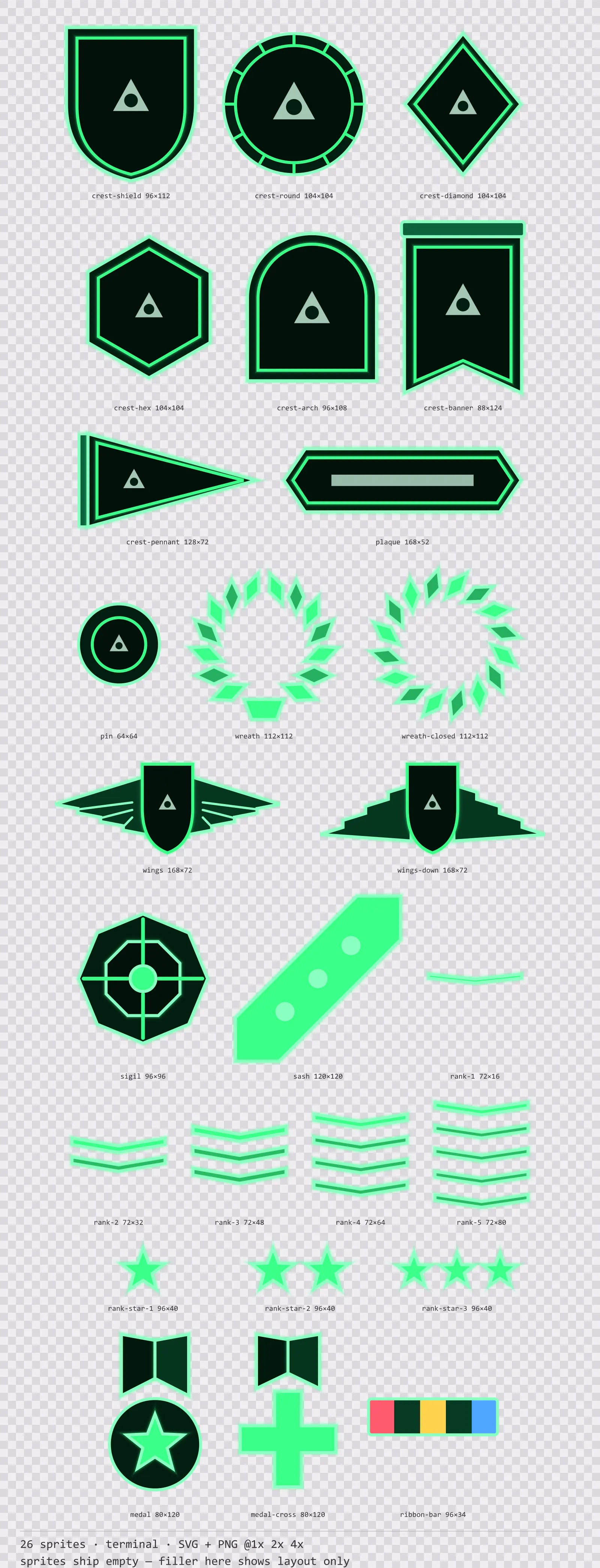 Hoja con 26 escudos, insignias y distintivos de rango (terminal) de la familia Greenscreen, dispuestos sobre un damero de transparencia y con sus medidas en píxeles escritas debajo