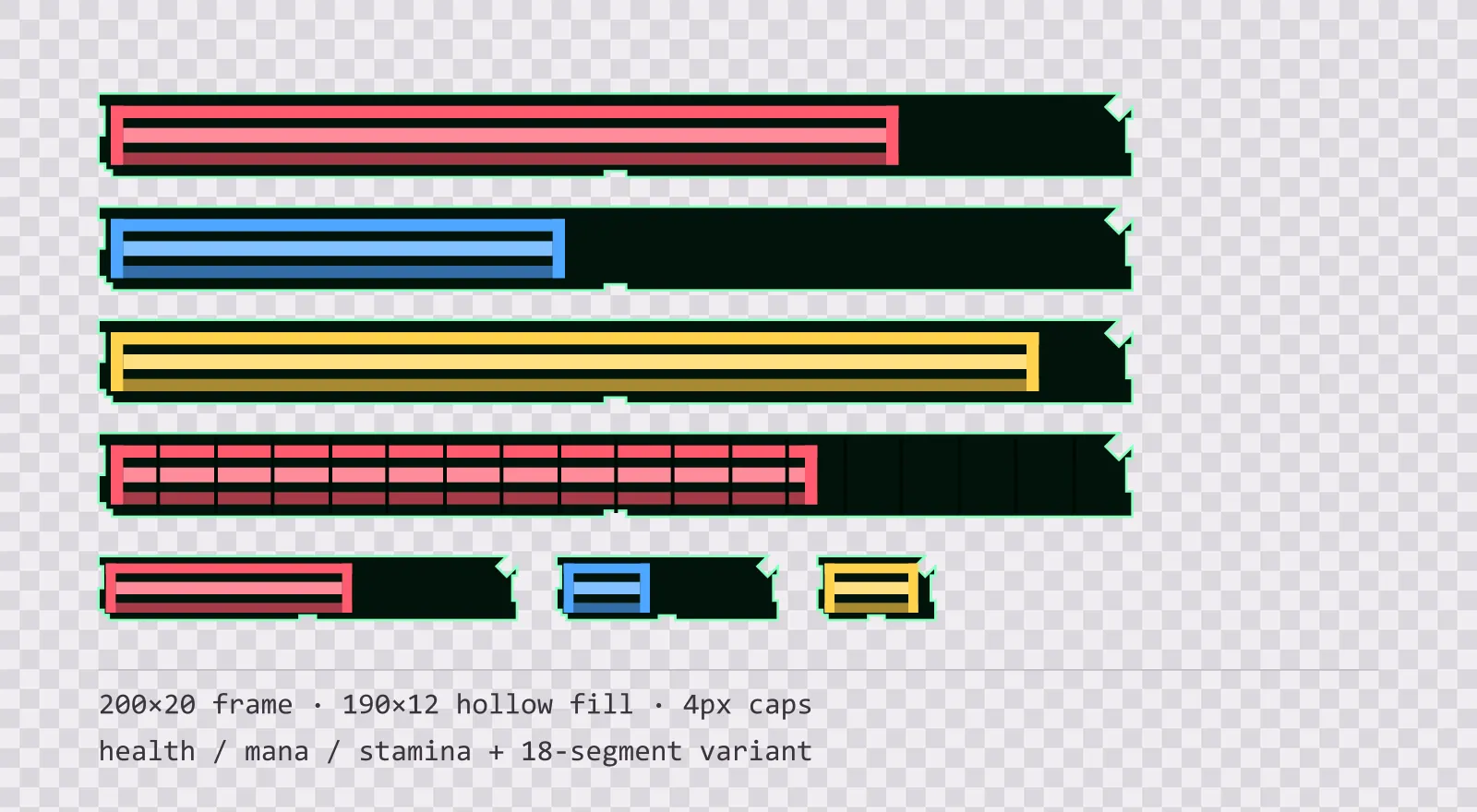Three horizontal game status bars stacked on a checkerboard background, filled to different levels for health, mana and stamina, with a segmented 18-notch bar and three smaller bars beneath them