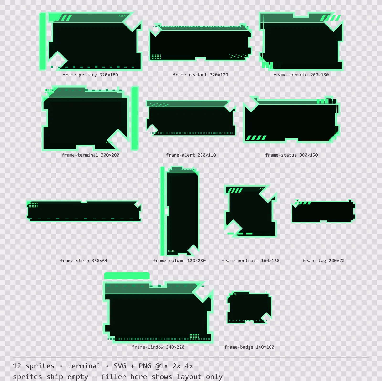 Sheet showing 12 terminal HUD frames from the Greenscreen family, arranged on a transparency checkerboard with their pixel sizes printed underneath
