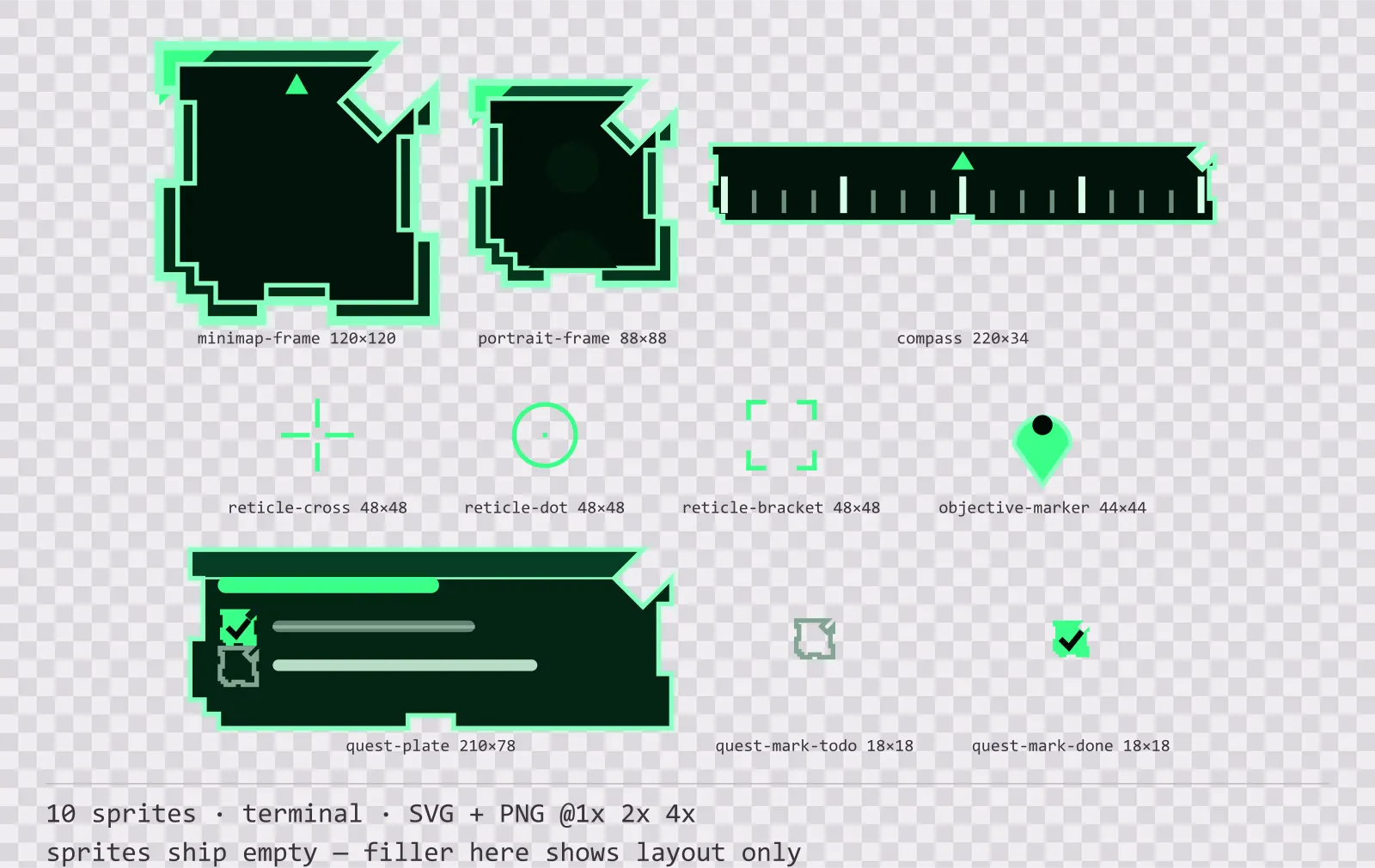 Sheet showing 10 terminal heads-up display frames from the Greenscreen family, arranged on a transparency checkerboard with their pixel sizes printed underneath