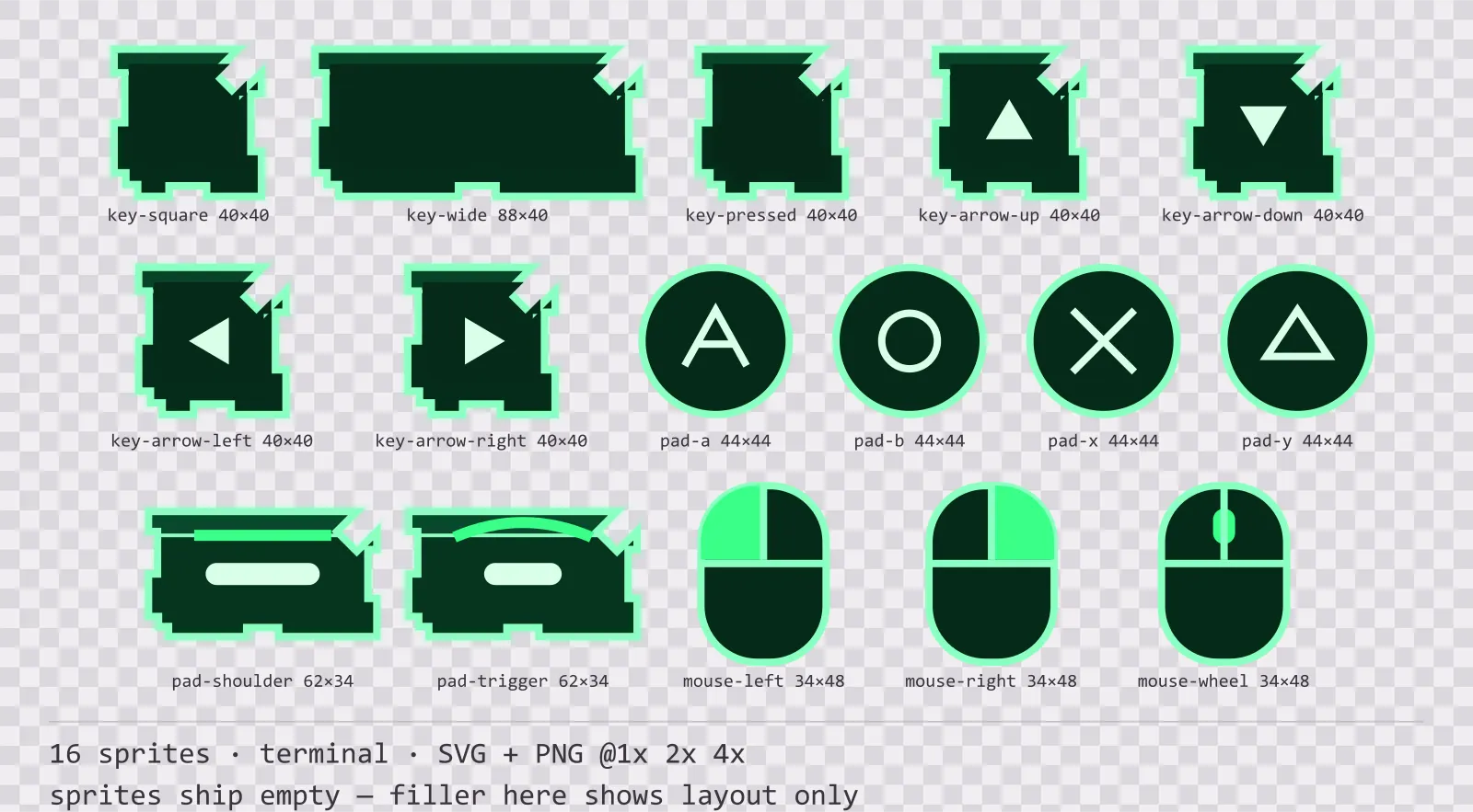 Sheet showing 16 terminal input prompt sprites from the Greenscreen family, arranged on a transparency checkerboard with their pixel sizes printed underneath