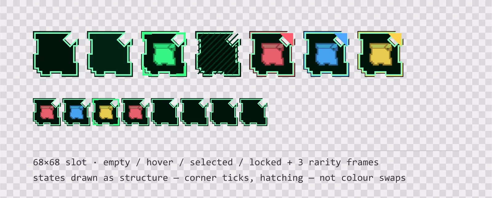 A row of square game inventory slots on a checkerboard background showing empty, hover, selected with corner ticks, and diagonally hatched locked states, followed by coloured rarity frames and a tiled eight-slot grid