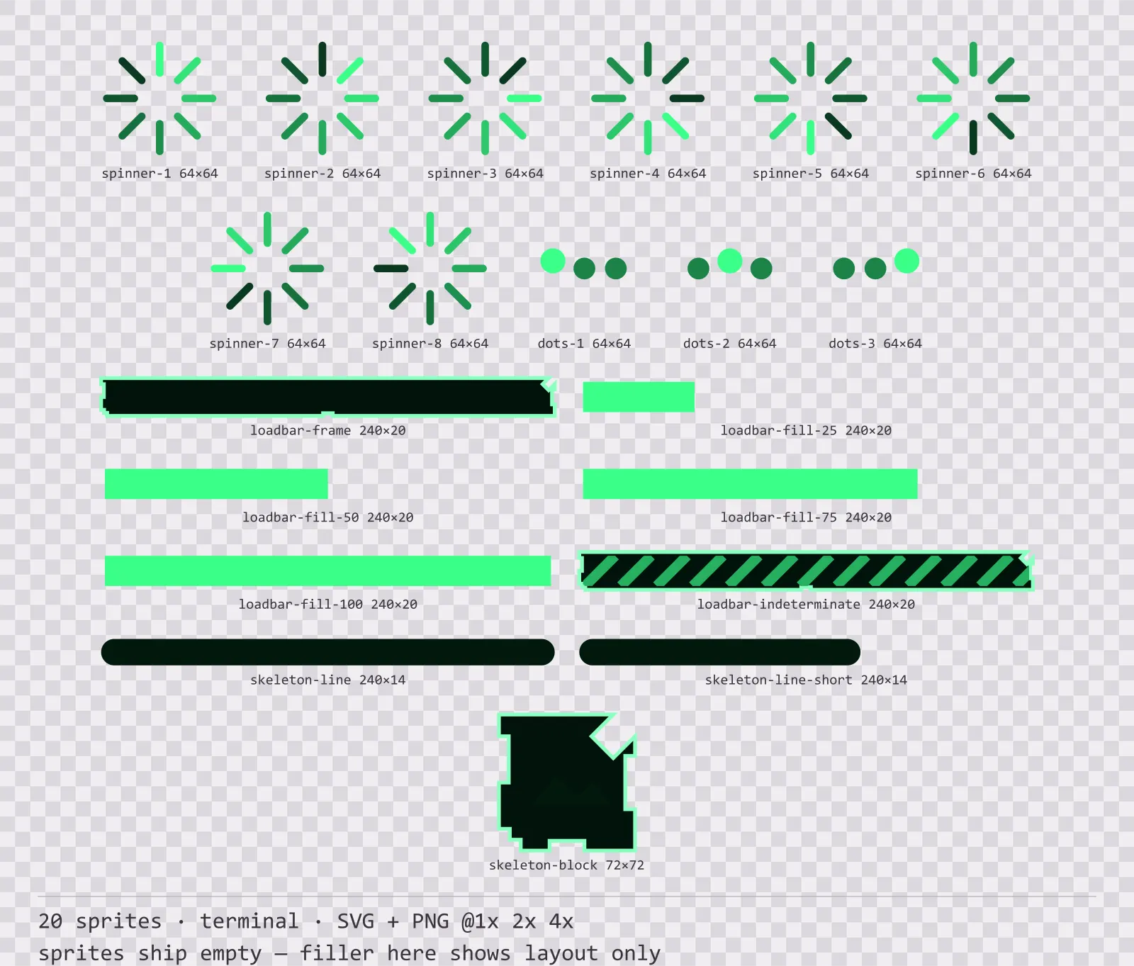 Sheet showing 20 terminal loading and waiting indicators from the Greenscreen family, arranged on a transparency checkerboard with their pixel sizes printed underneath