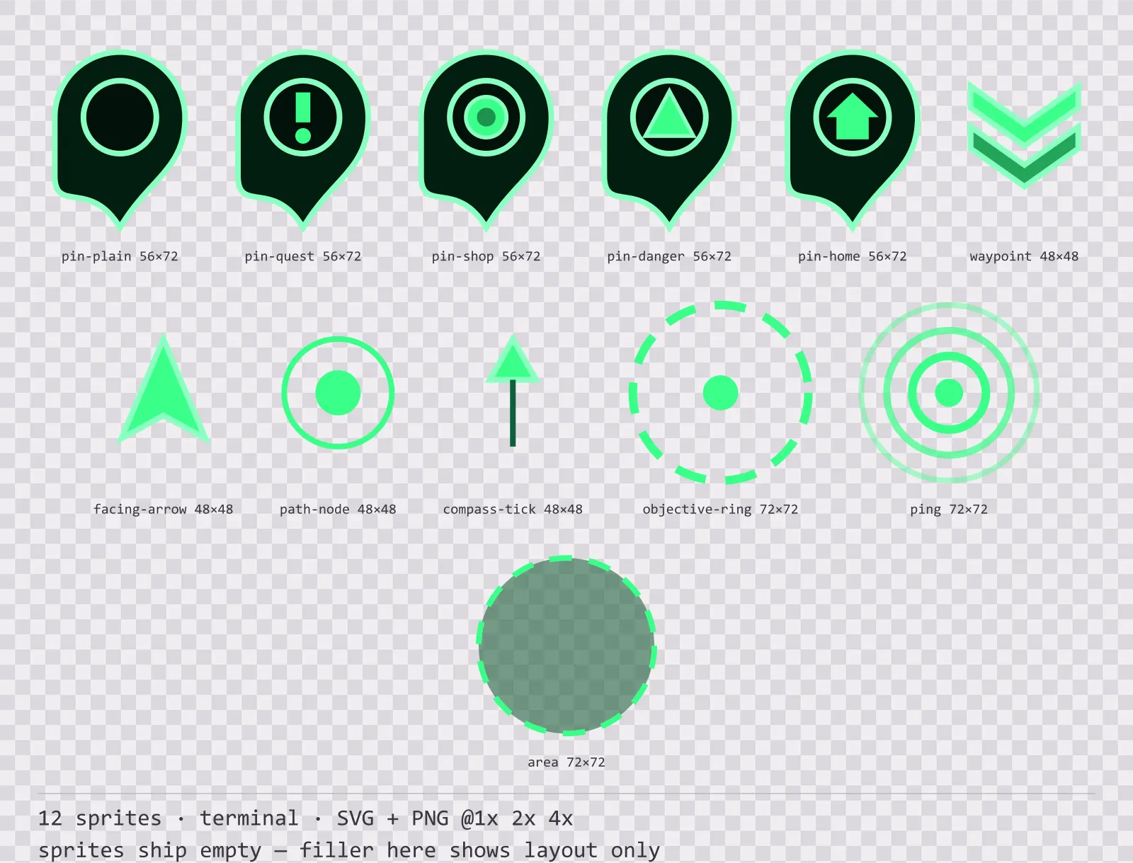 Sheet showing 12 terminal map markers and world indicators from the Greenscreen family, arranged on a transparency checkerboard with their pixel sizes printed underneath