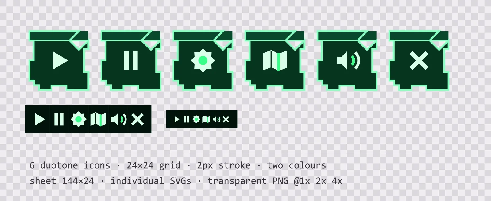 Six two-tone game menu icons on phosphor tiles, shown large, laid out on a sheet grid, and again at actual 24 pixel size