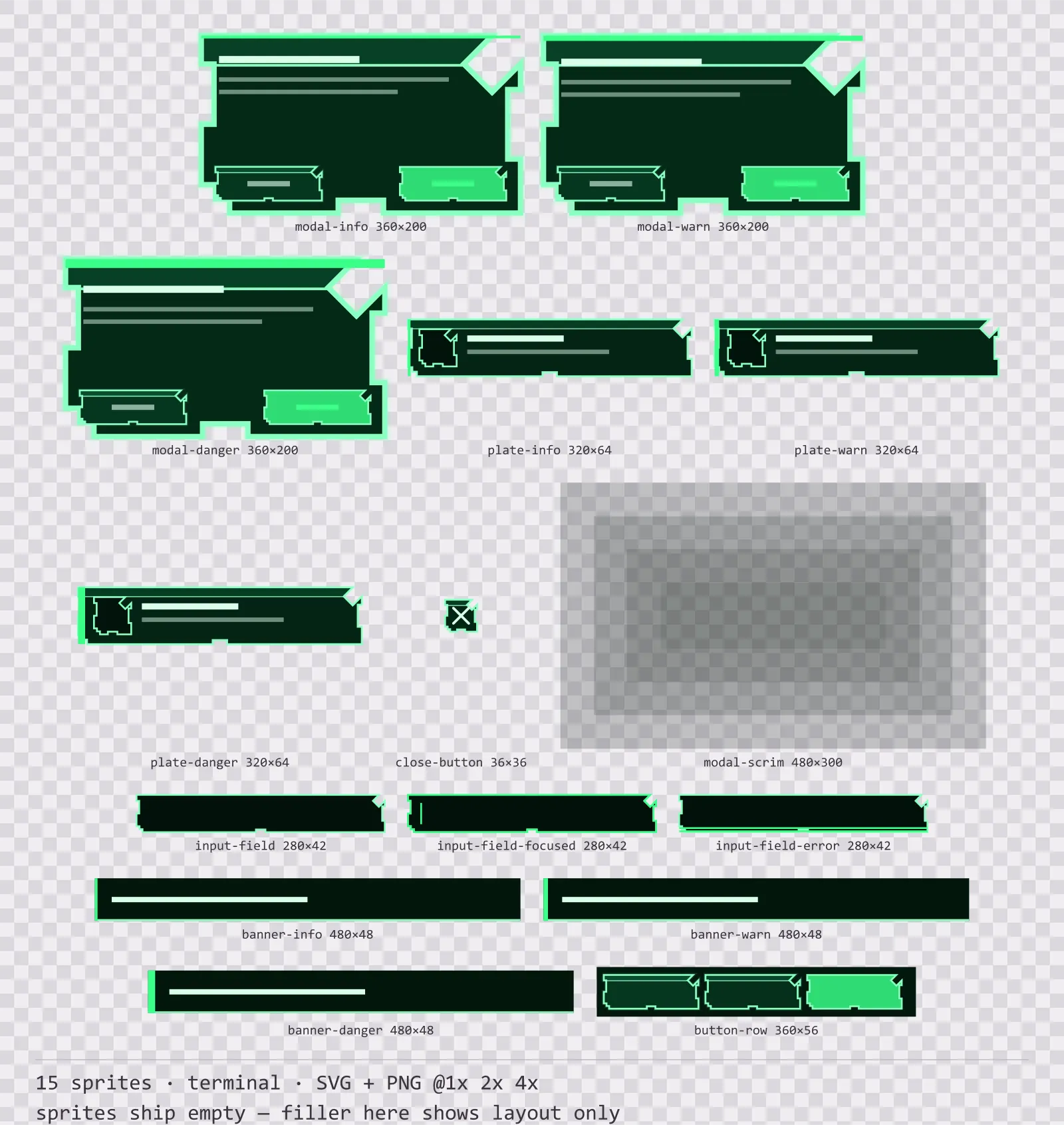 Sheet showing 15 terminal modal dialogs and system notices from the Greenscreen family, arranged on a transparency checkerboard with their pixel sizes printed underneath