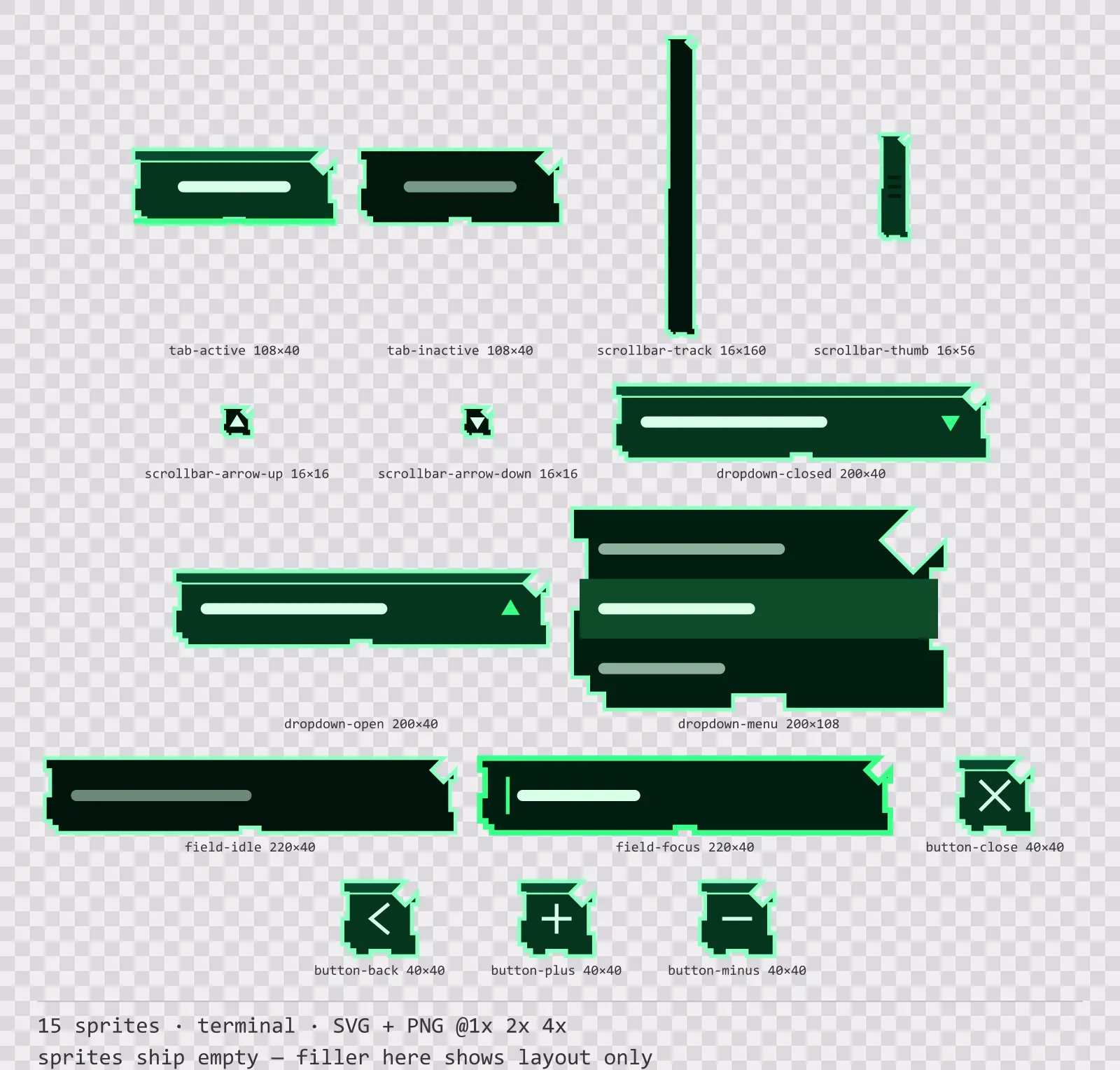 Sheet showing 15 terminal navigation and input components from the Greenscreen family, arranged on a transparency checkerboard with their pixel sizes printed underneath