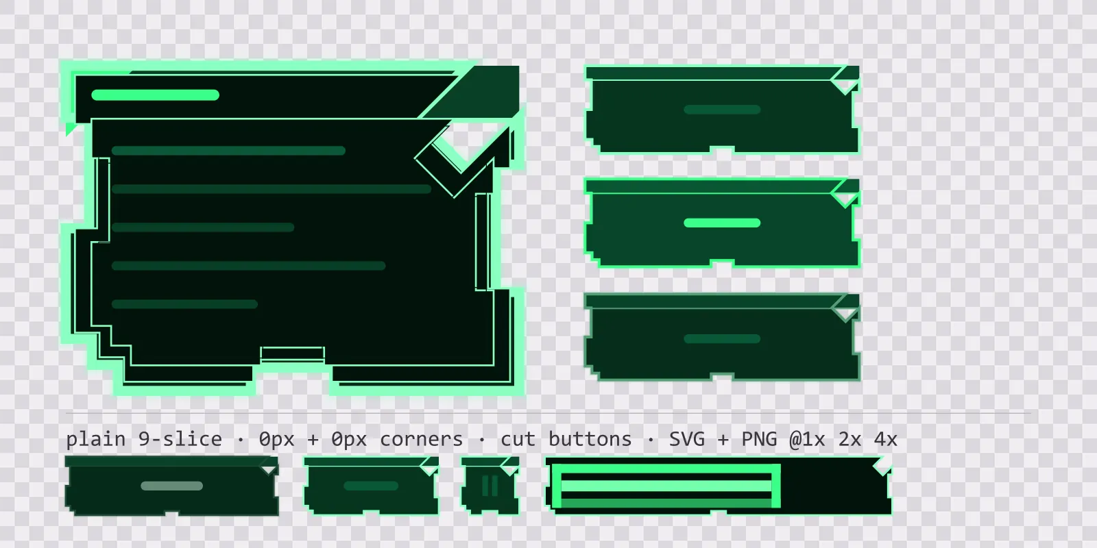 phosphor game menu panel with a phosphor green title strip and a recessed list area, next to a column showing the same chamfered button in default, outlined hover and pushed-in pressed states