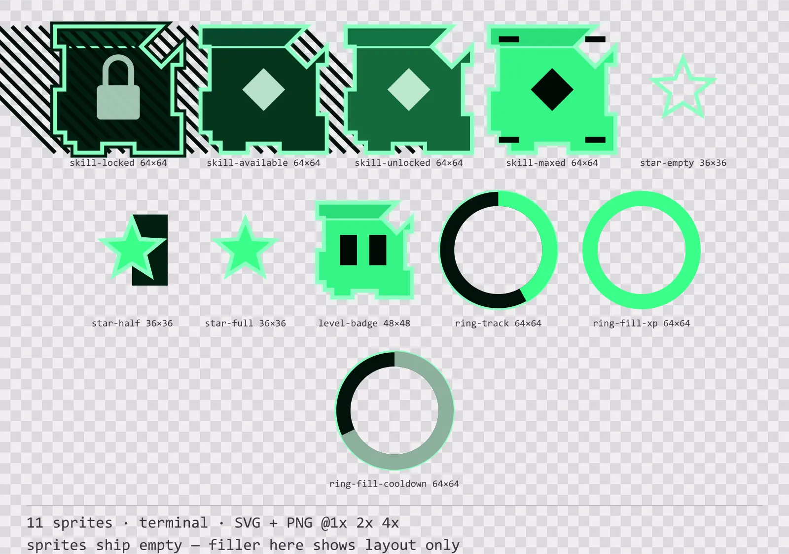 Sheet showing 11 terminal progression and reward components from the Greenscreen family, arranged on a transparency checkerboard with their pixel sizes printed underneath