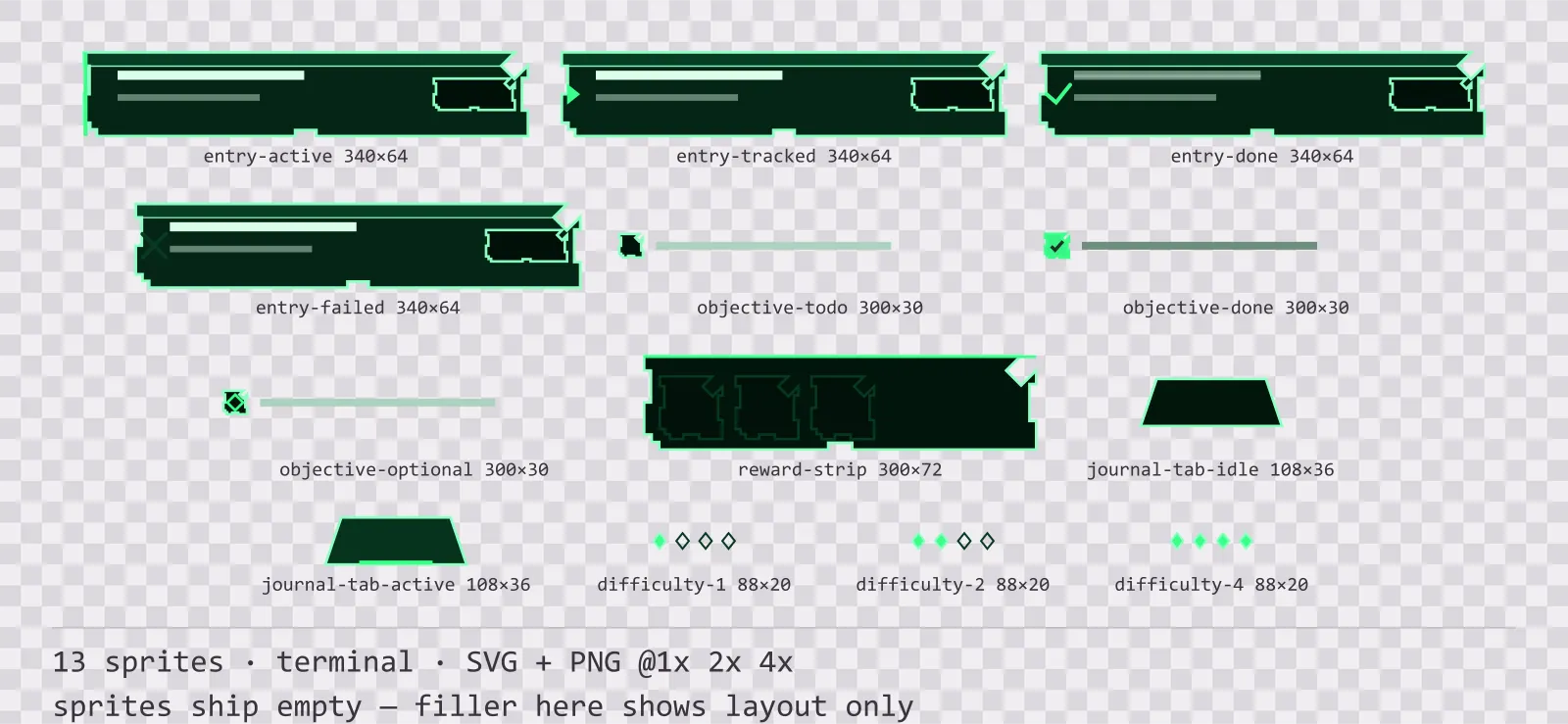 Sheet showing 13 terminal quest log and objective widgets from the Greenscreen family, arranged on a transparency checkerboard with their pixel sizes printed underneath