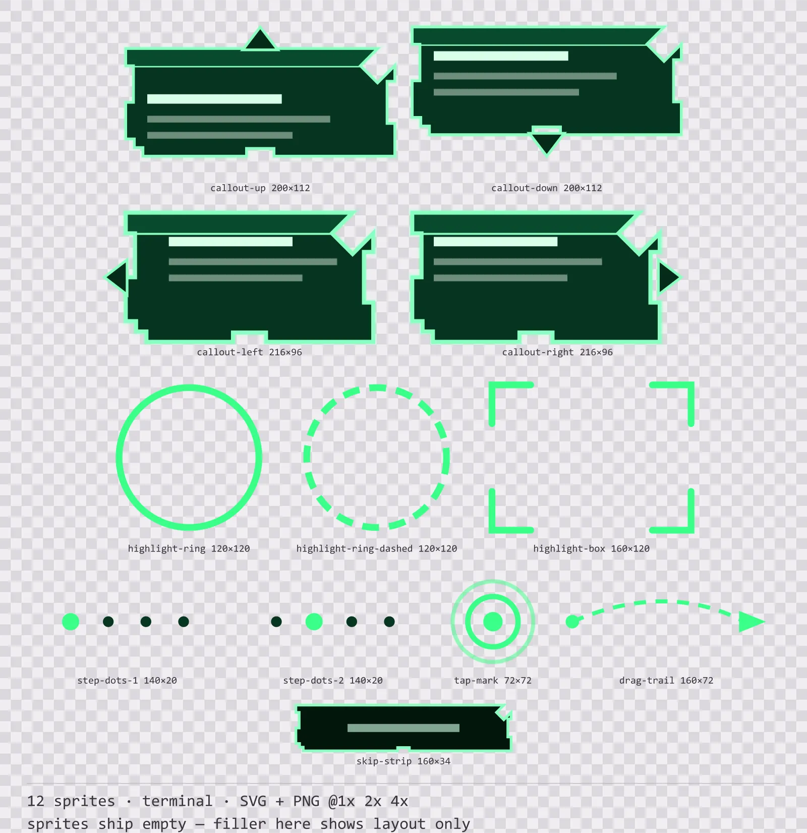 Sheet showing 12 terminal tutorial and onboarding markers from the Greenscreen family, arranged on a transparency checkerboard with their pixel sizes printed underneath