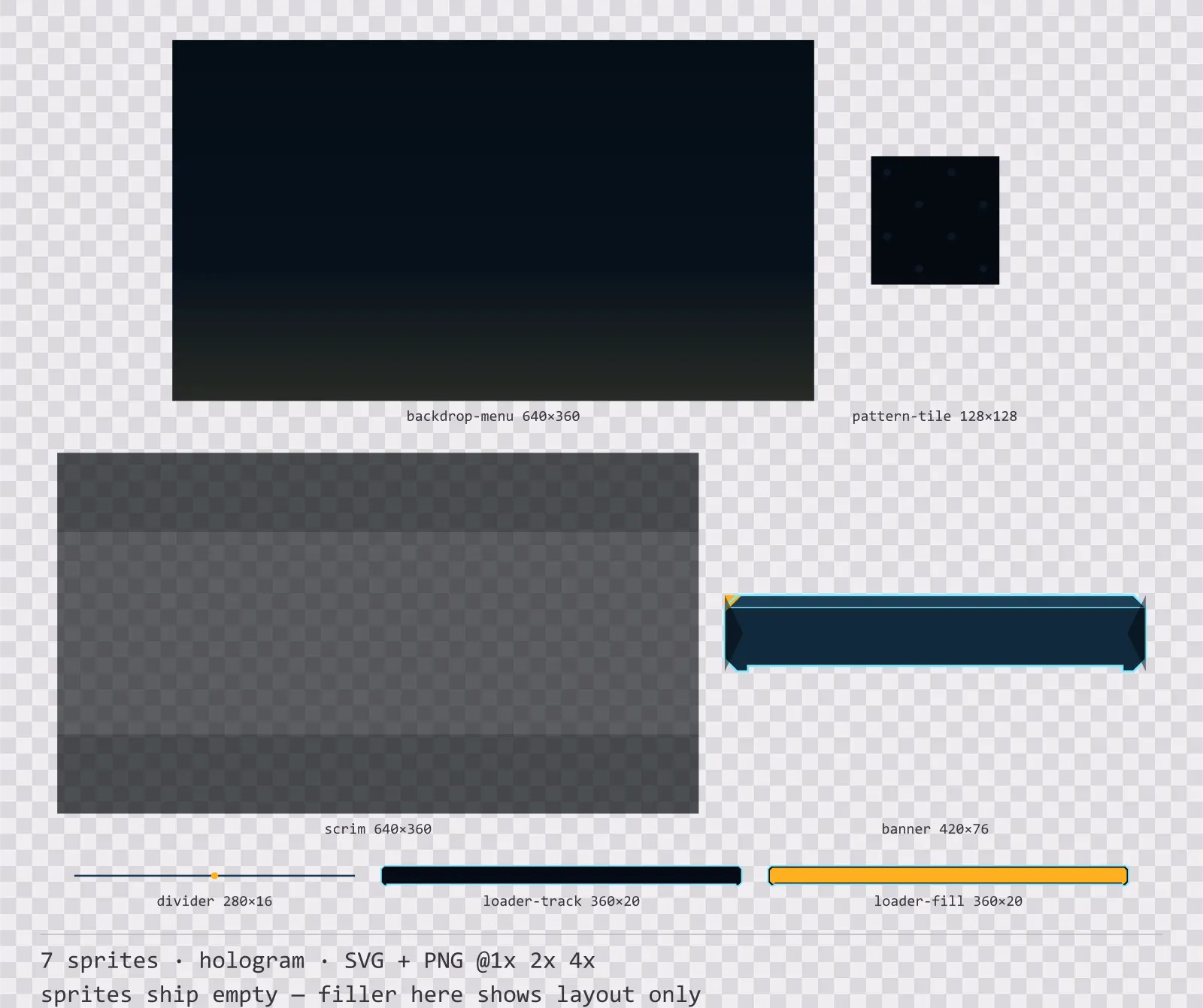 Sheet showing 7 hologram background and overlay pieces from the Hologrid family, arranged on a transparency checkerboard with their pixel sizes printed underneath