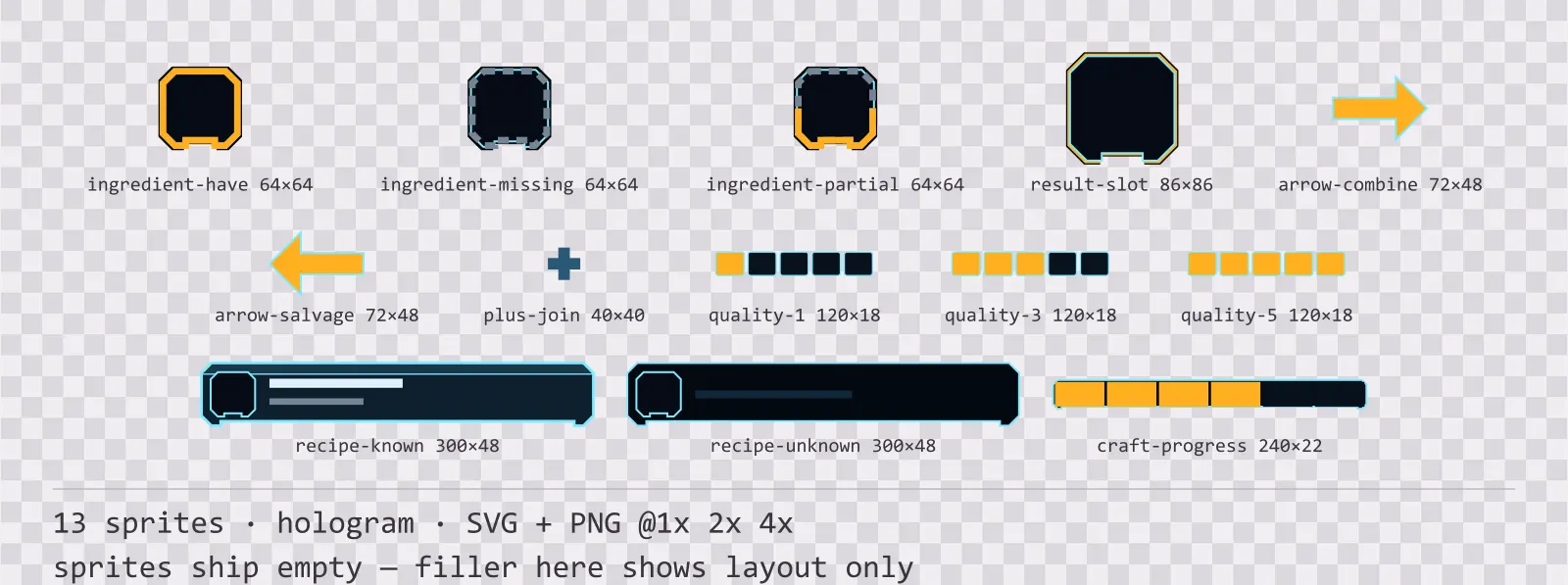 Planche montrant 13 éléments d’artisanat et de recettes (hologramme) de la famille Hologrid, disposés sur un damier de transparence avec leurs tailles en pixels inscrites en dessous