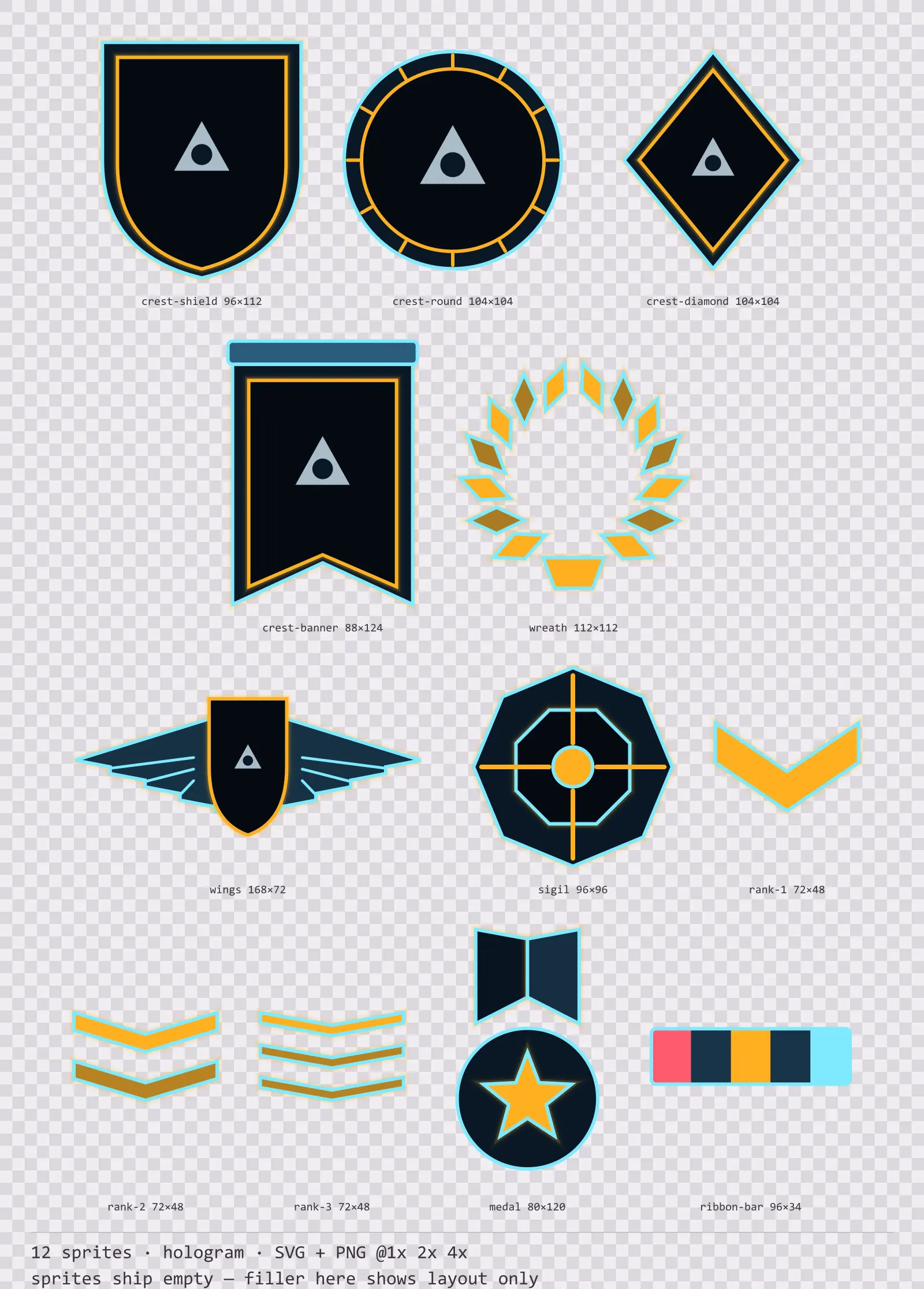 Sheet showing 12 hologram crests, insignia and rank marks from the Hologrid family, arranged on a transparency checkerboard with their pixel sizes printed underneath