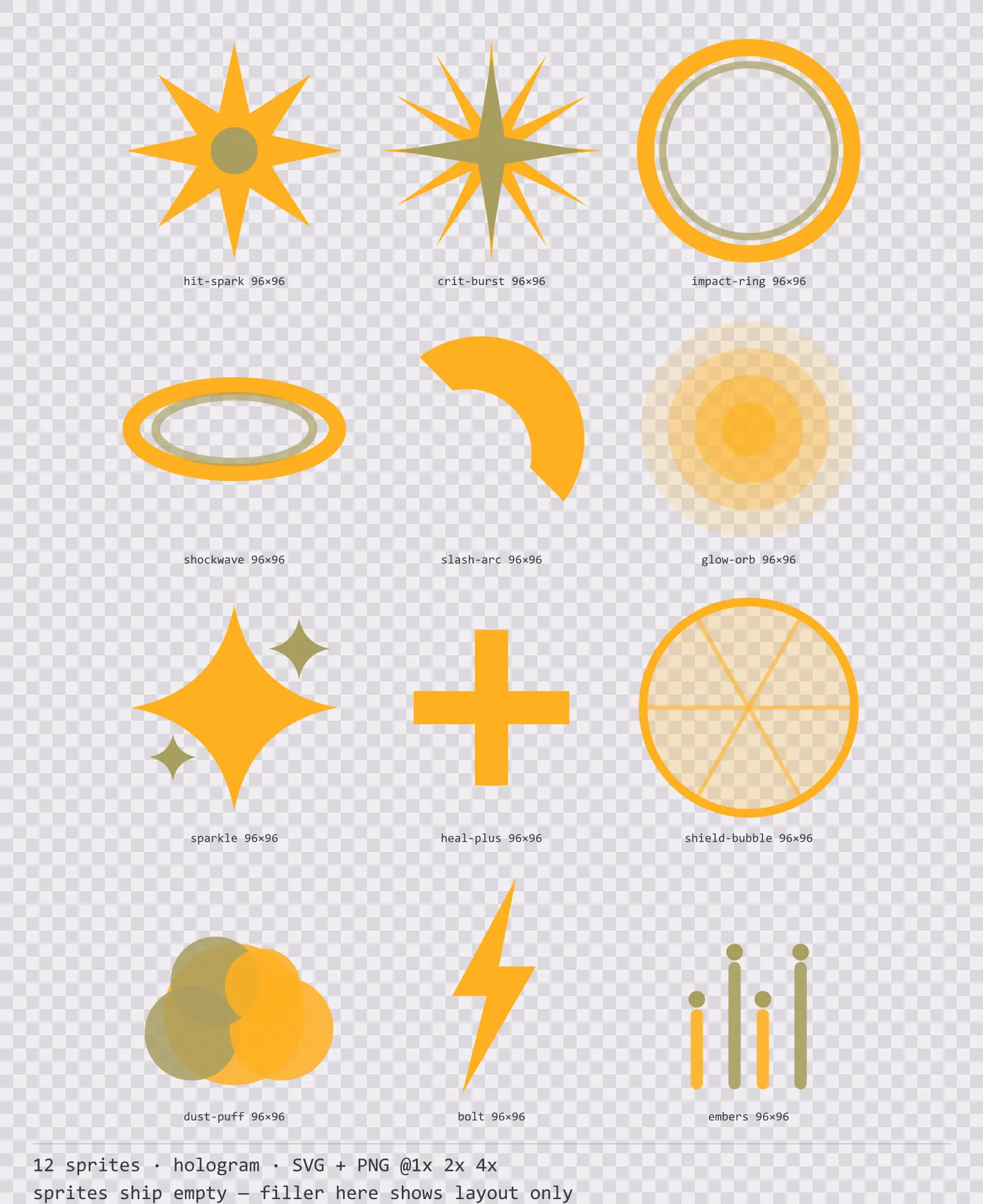 Sheet showing 12 hologram impact and effect sprites from the Hologrid family, arranged on a transparency checkerboard with their pixel sizes printed underneath