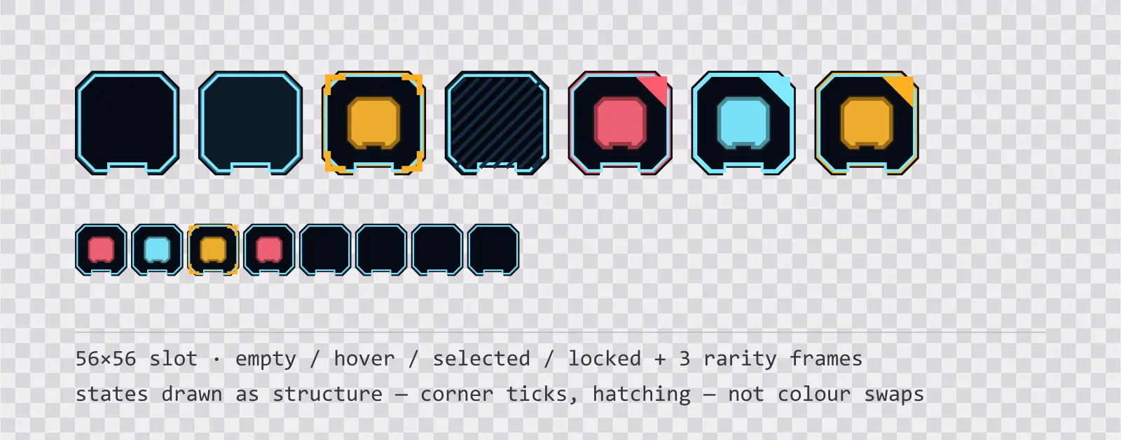 A row of square game inventory slots on a checkerboard background showing empty, hover, selected with corner ticks, and diagonally hatched locked states, followed by coloured rarity frames and a tiled eight-slot grid