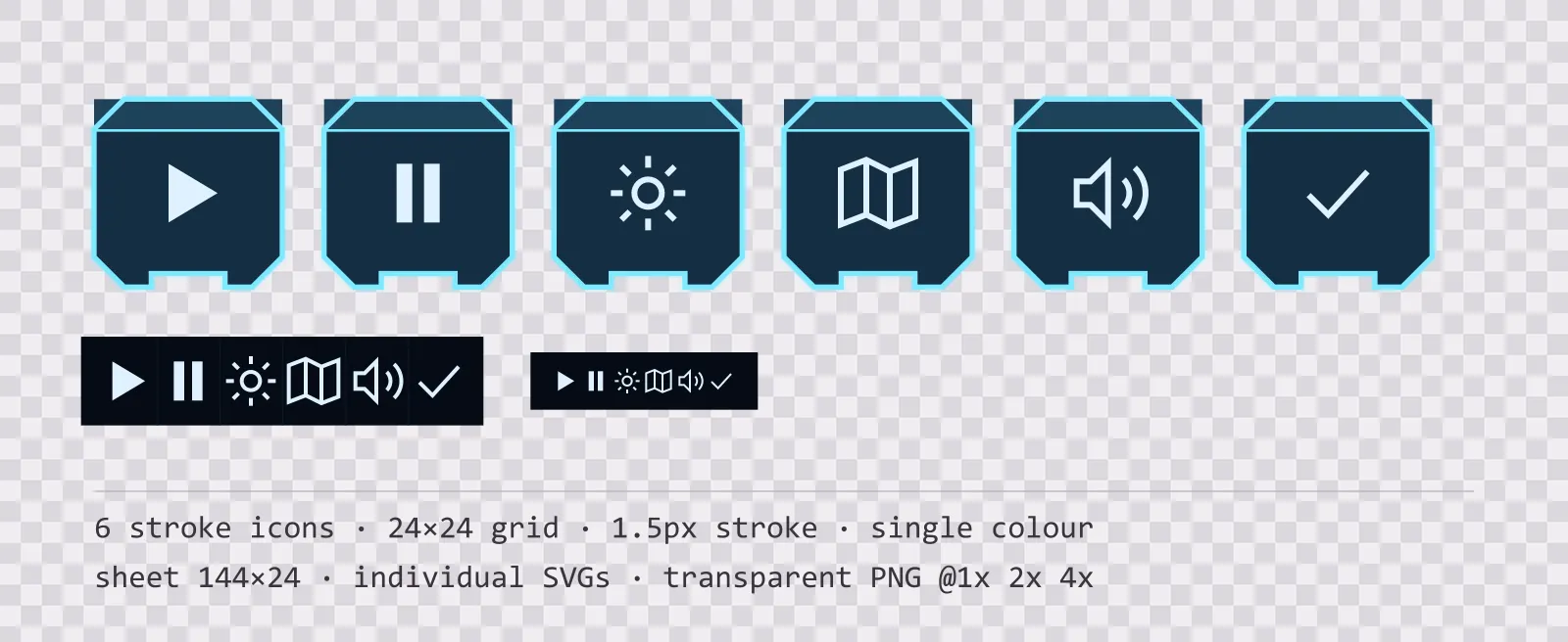 Six outlined game menu icons on projected light tiles, shown large, laid out on a sheet grid, and again at actual 24 pixel size