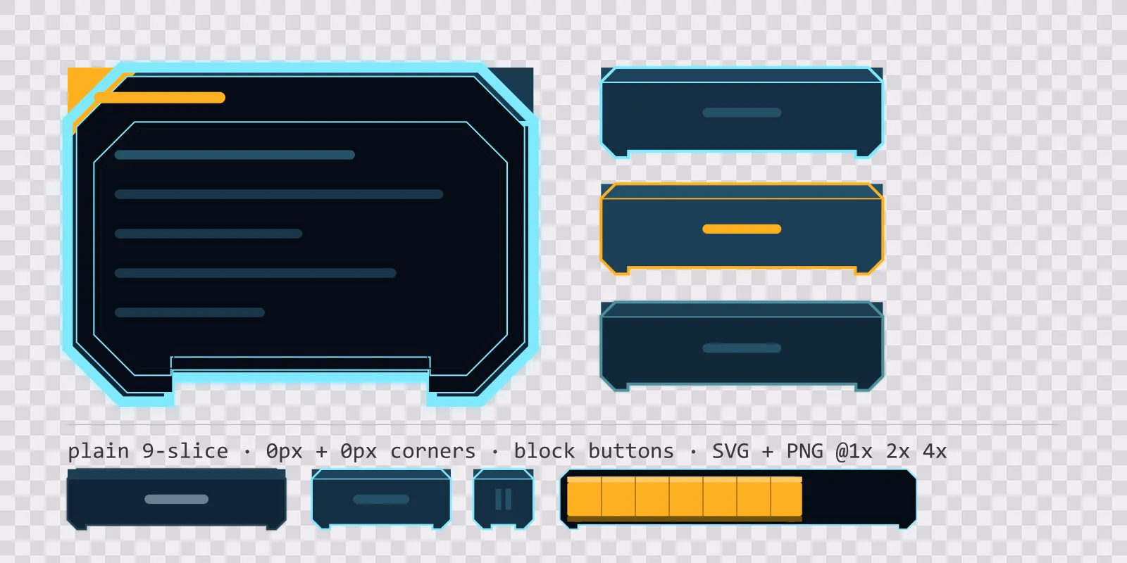 projected light game menu panel with a signal amber title strip and a recessed list area, next to a column showing the same square button in default, outlined hover and pushed-in pressed states