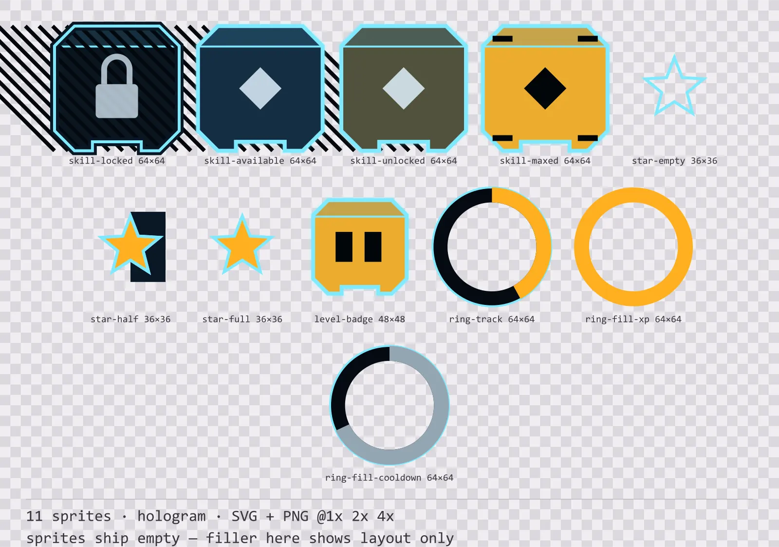 Sheet showing 11 hologram progression and reward components from the Hologrid family, arranged on a transparency checkerboard with their pixel sizes printed underneath