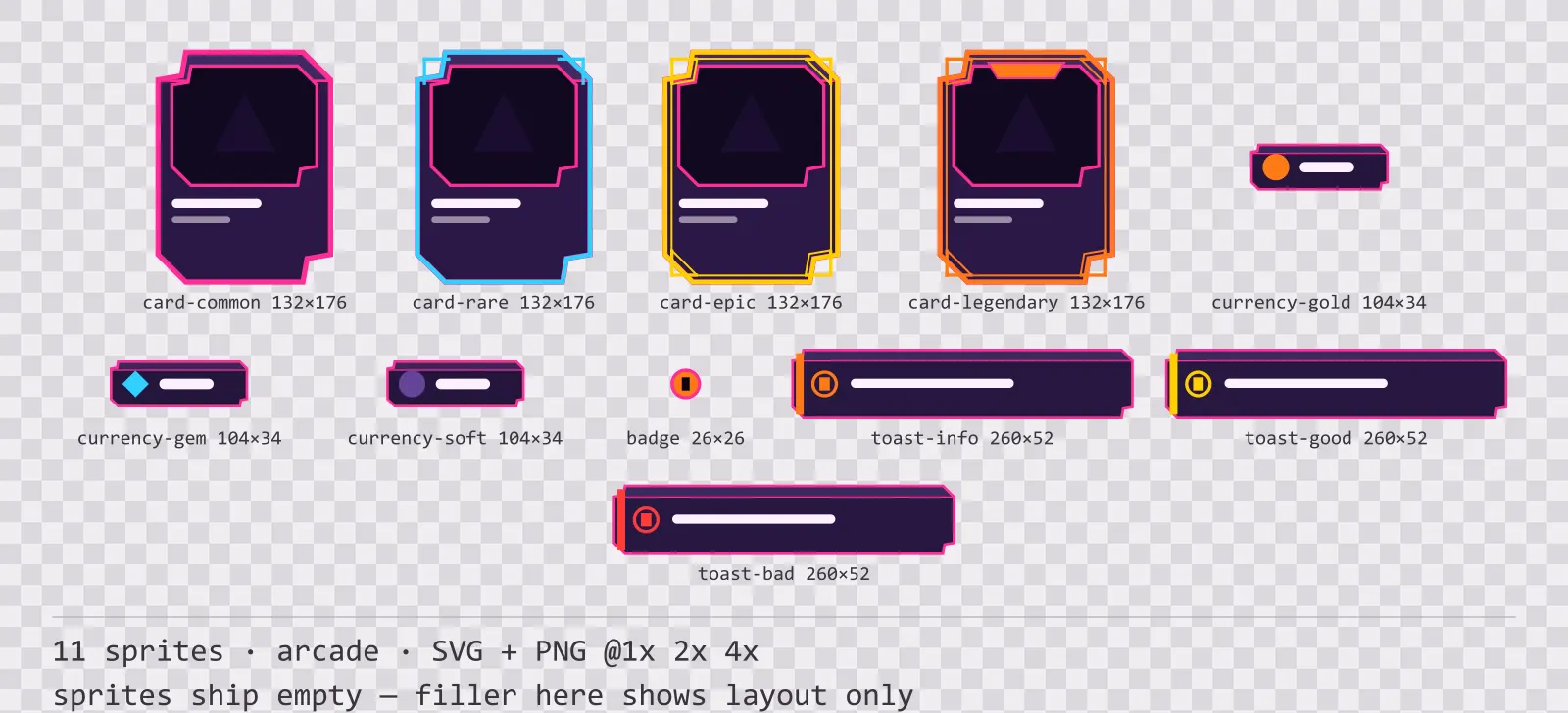 Sheet showing 11 arcade card, currency and notification components from the Hyperlane family, arranged on a transparency checkerboard with their pixel sizes printed underneath