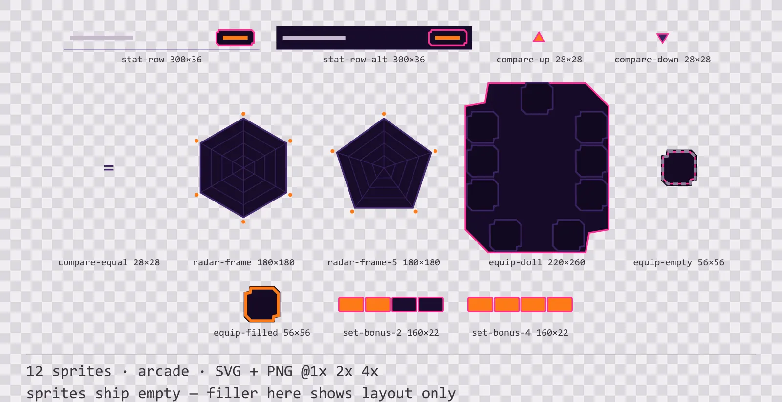 Sheet showing 12 arcade character sheet and stat widgets from the Hyperlane family, arranged on a transparency checkerboard with their pixel sizes printed underneath