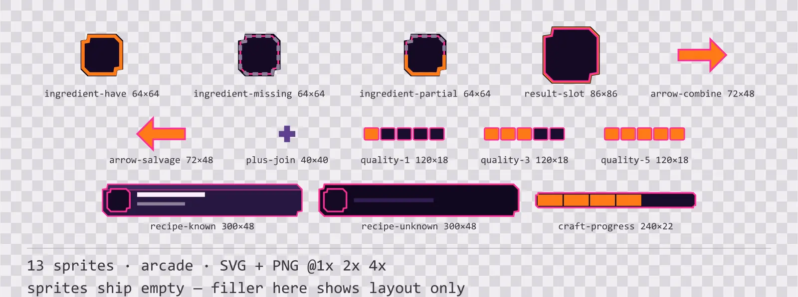 Hoja con 13 elementos de fabricación y recetas (arcade) de la familia Hyperlane, dispuestos sobre un damero de transparencia y con sus medidas en píxeles escritas debajo