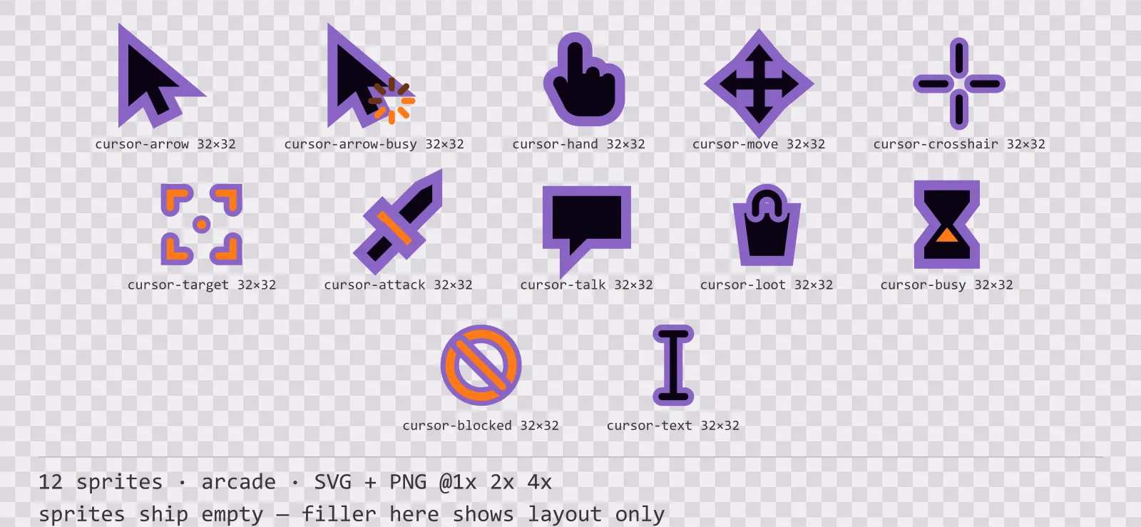 Arkusz z 12 kursory myszy (arcade) z rodziny Hyperlane, rozłożonymi na szachownicy przezroczystości, z rozmiarami w pikselach wypisanymi pod spodem