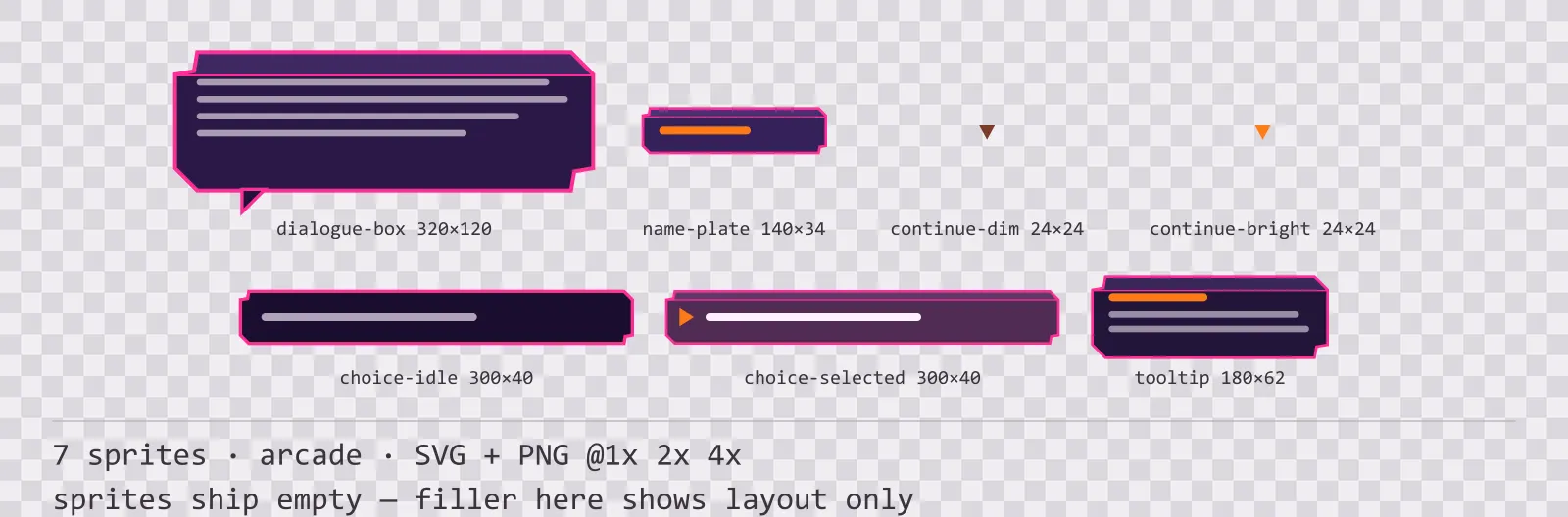 Sheet showing 7 arcade dialogue components from the Hyperlane family, arranged on a transparency checkerboard with their pixel sizes printed underneath