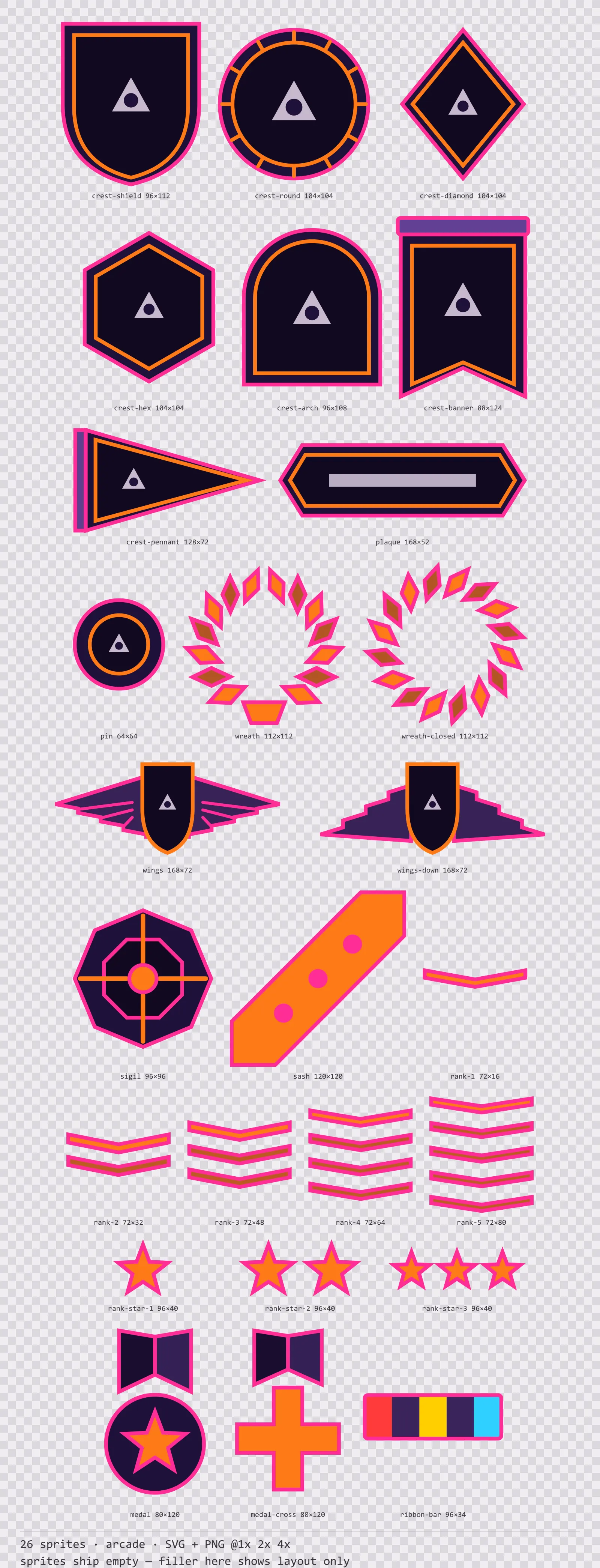 Sheet showing 26 arcade crests, insignia and rank marks from the Hyperlane family, arranged on a transparency checkerboard with their pixel sizes printed underneath