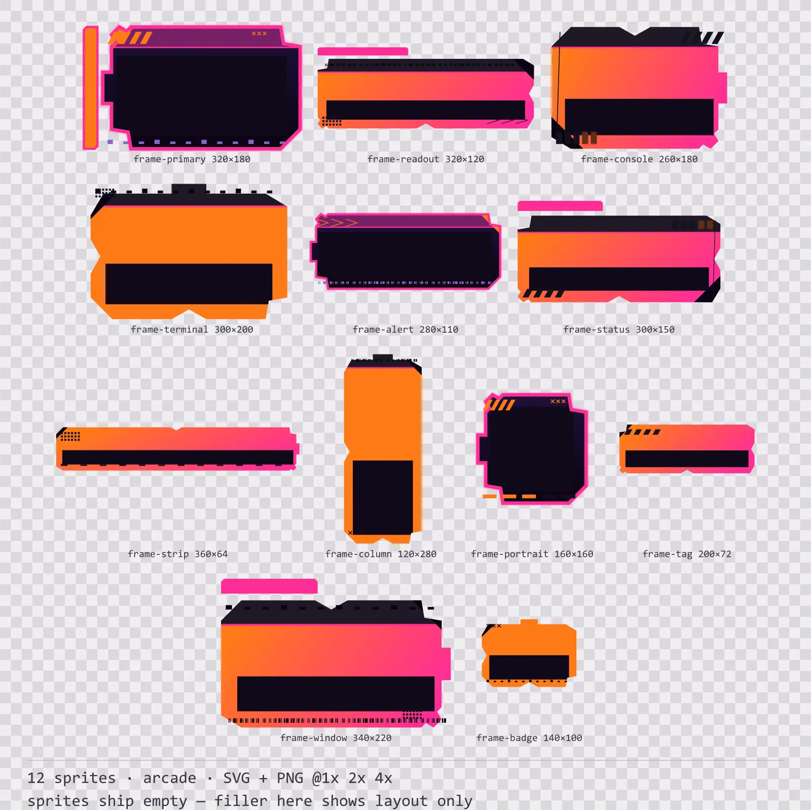 Sheet showing 12 arcade HUD frames from the Hyperlane family, arranged on a transparency checkerboard with their pixel sizes printed underneath