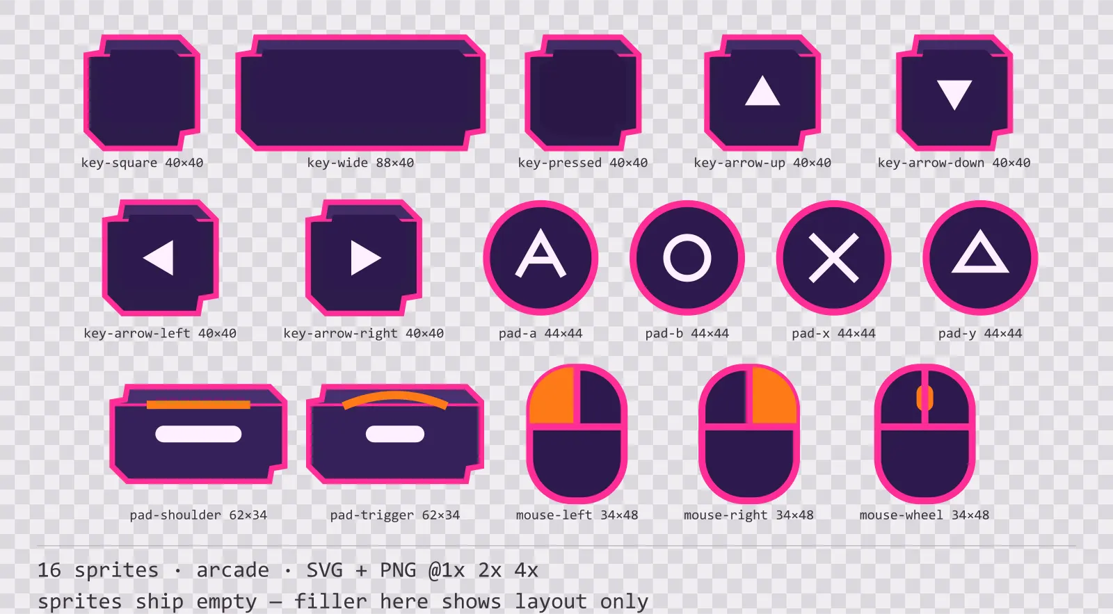 Sheet showing 16 arcade input prompt sprites from the Hyperlane family, arranged on a transparency checkerboard with their pixel sizes printed underneath