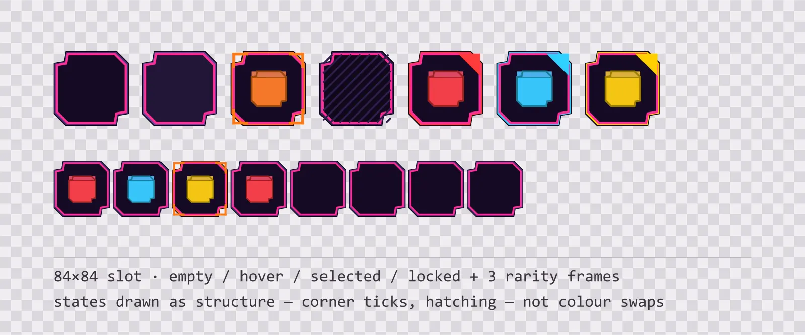 A row of square game inventory slots on a checkerboard background showing empty, hover, selected with corner ticks, and diagonally hatched locked states, followed by coloured rarity frames and a tiled eight-slot grid