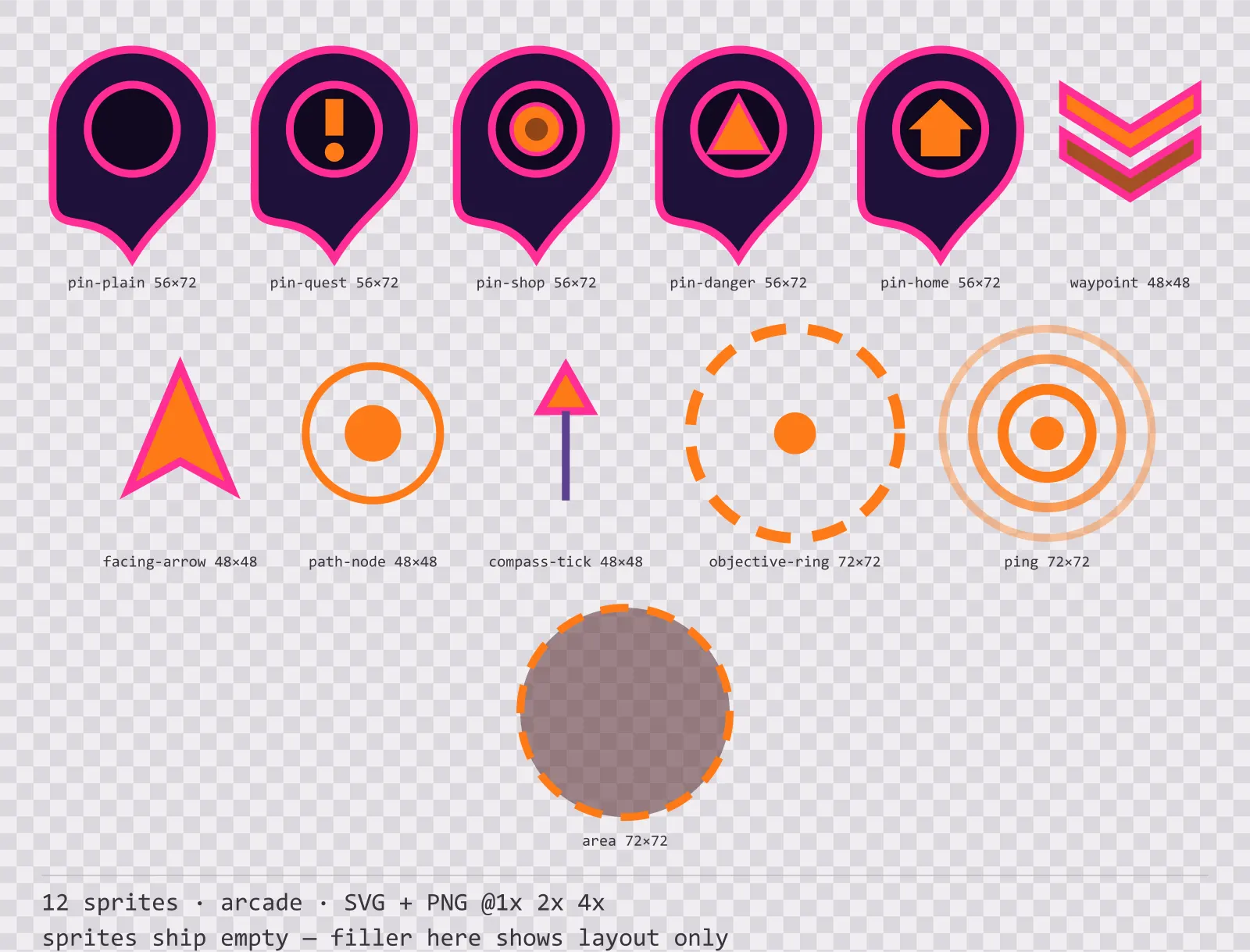 Sheet showing 12 arcade map markers and world indicators from the Hyperlane family, arranged on a transparency checkerboard with their pixel sizes printed underneath