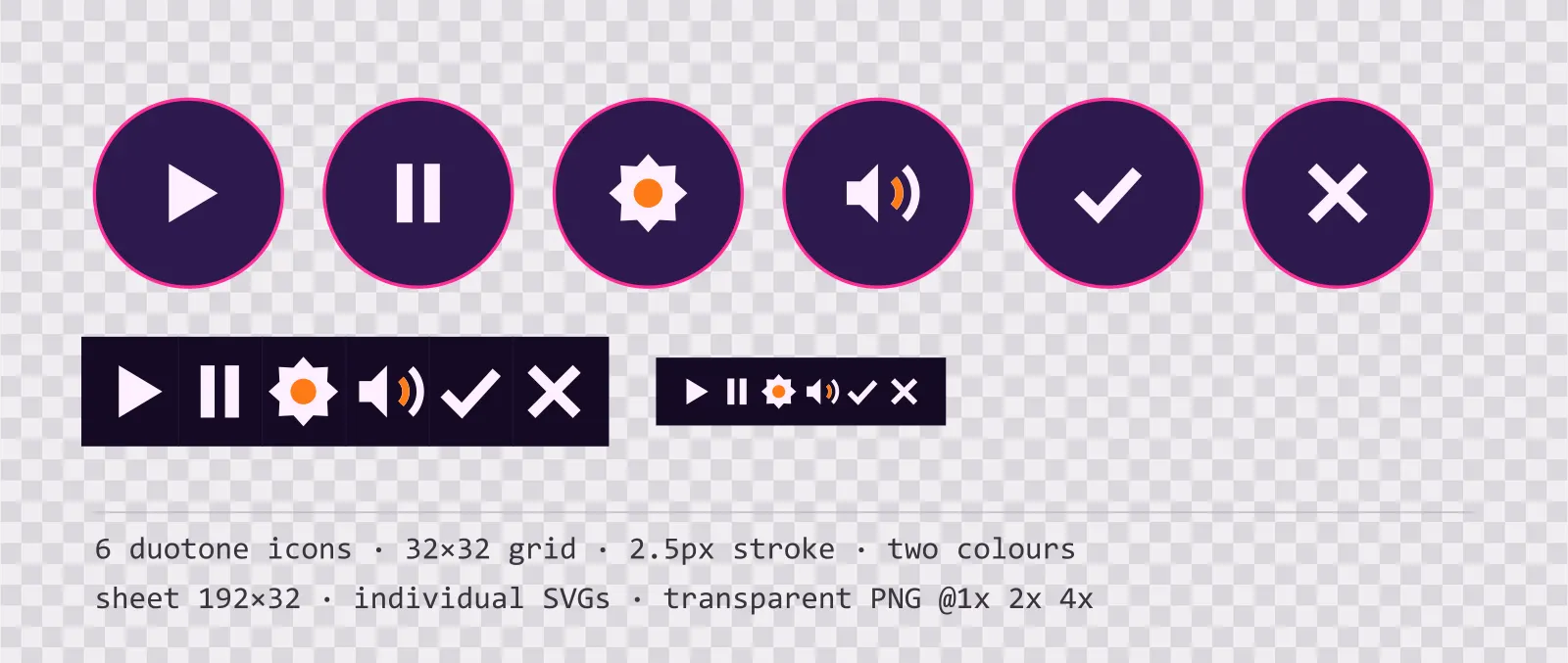 Six two-tone game menu icons on arcade speed tiles, shown large, laid out on a sheet grid, and again at actual 32 pixel size