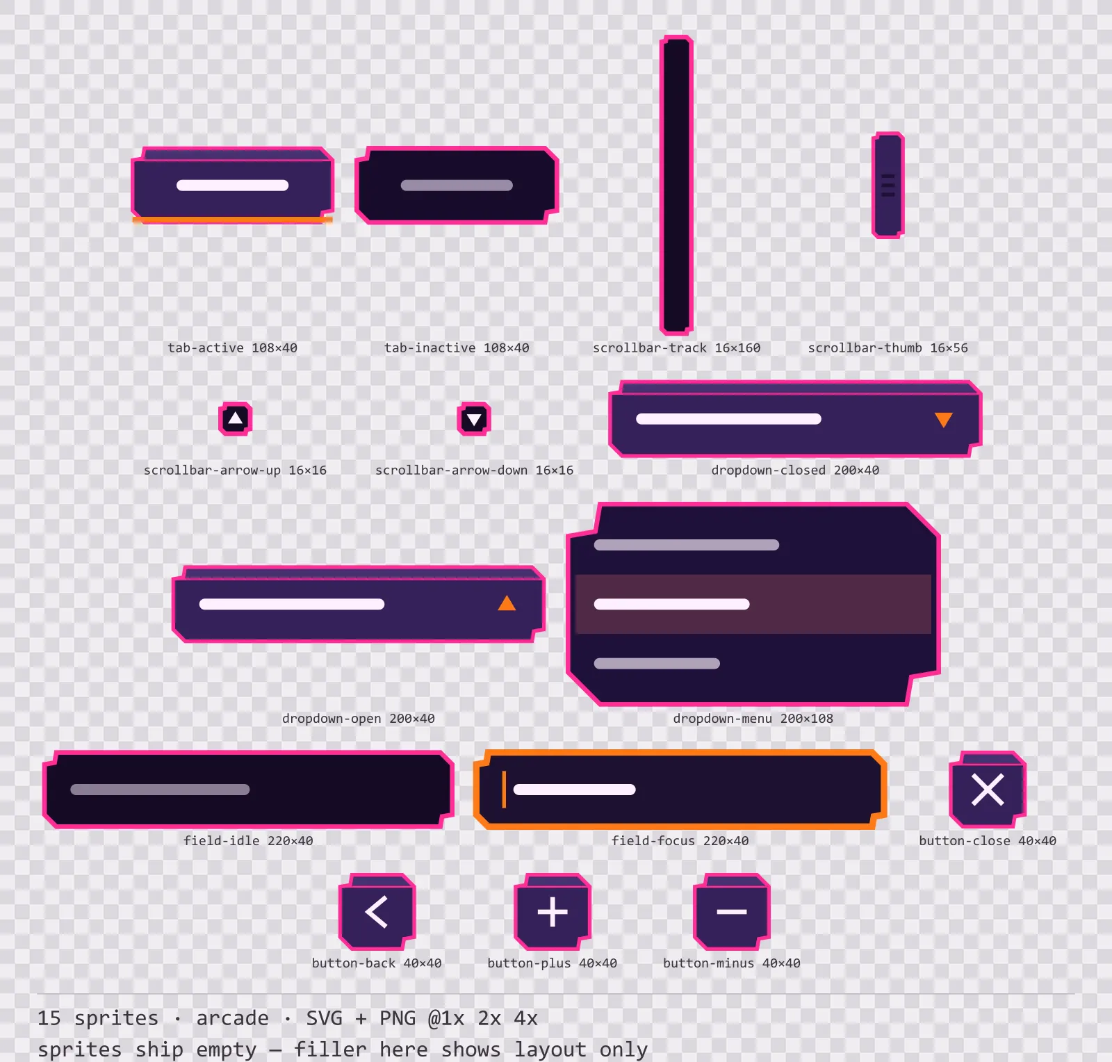 Sheet showing 15 arcade navigation and input components from the Hyperlane family, arranged on a transparency checkerboard with their pixel sizes printed underneath