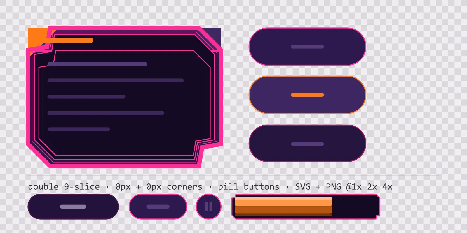arcade speed game menu panel with a sunset orange title strip and a recessed list area, next to a column showing the same pill button in default, outlined hover and pushed-in pressed states