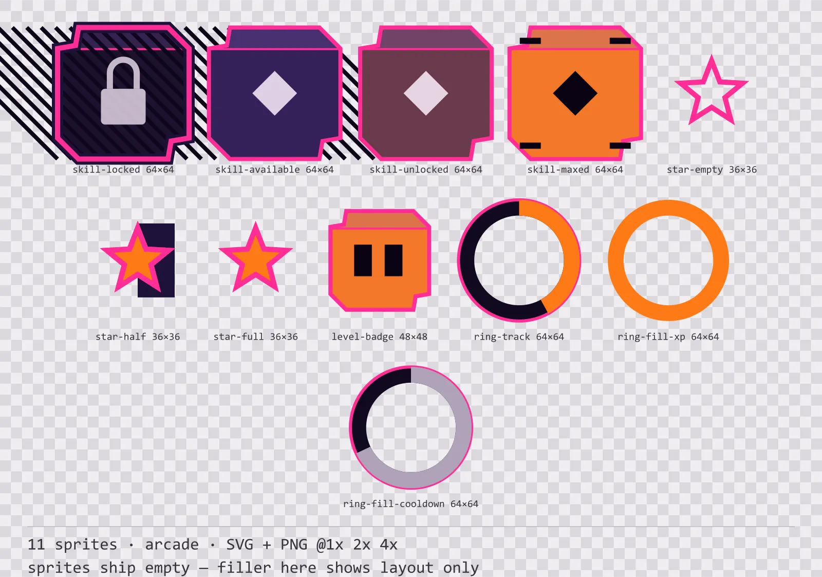 Sheet showing 11 arcade progression and reward components from the Hyperlane family, arranged on a transparency checkerboard with their pixel sizes printed underneath