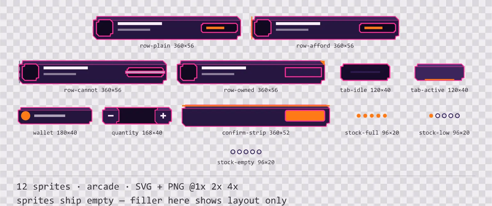 Blatt mit 12 Shop- und Wirtschaftselemente (Arcade) aus der Familie Hyperlane, angeordnet auf einem Transparenz-Schachbrett, mit den Pixelmaßen darunter