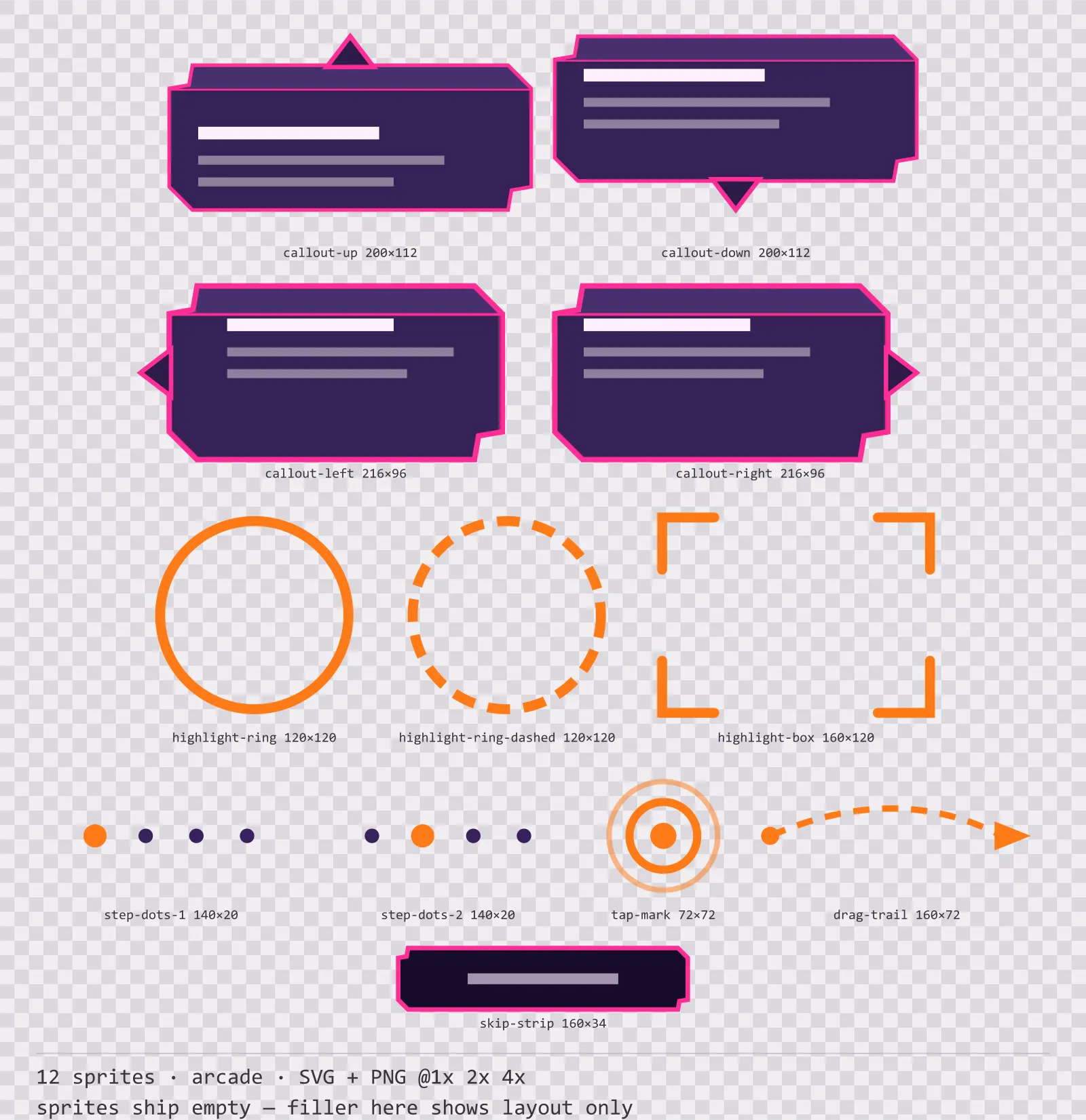 Sheet showing 12 arcade tutorial and onboarding markers from the Hyperlane family, arranged on a transparency checkerboard with their pixel sizes printed underneath
