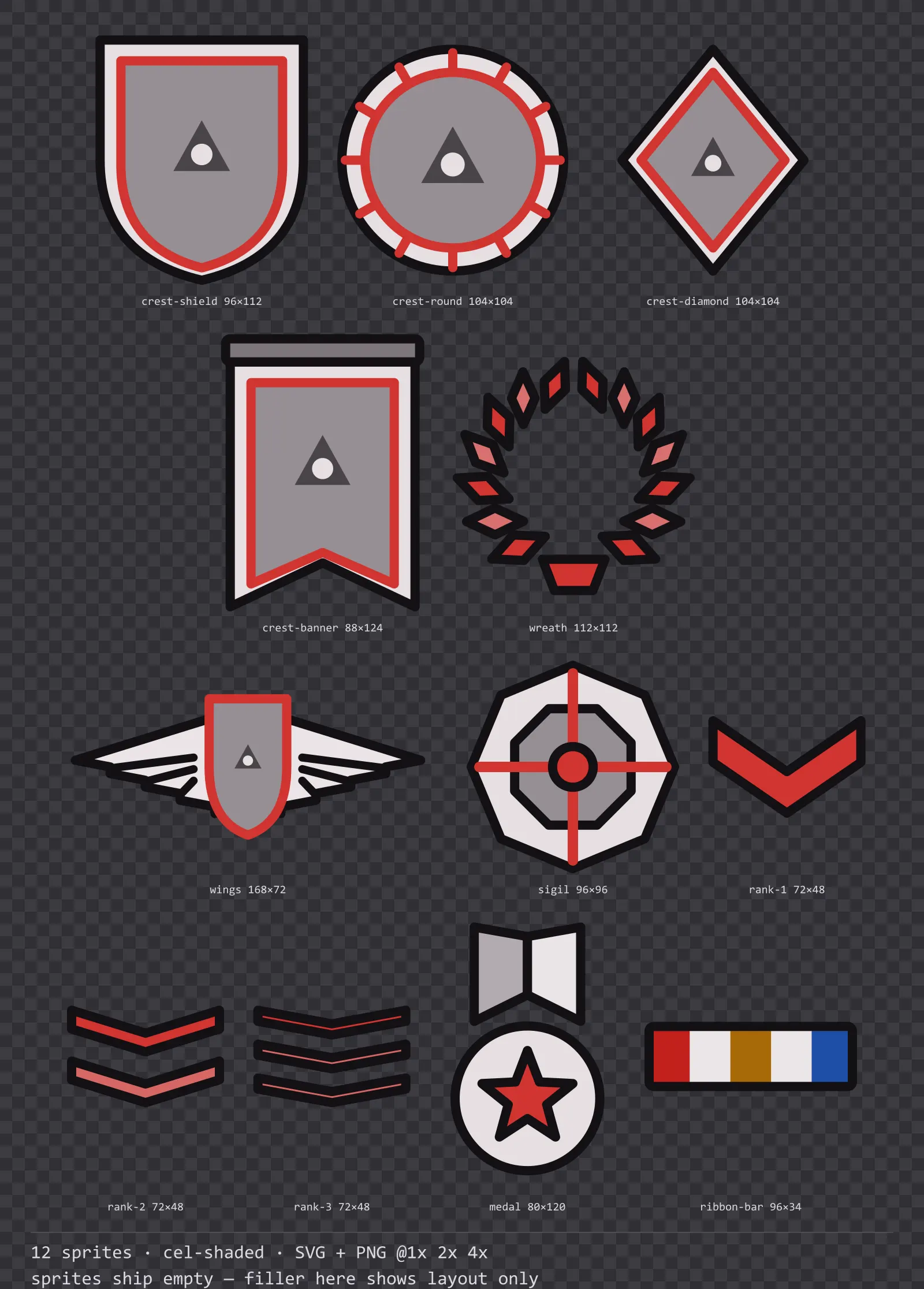 Sheet showing 12 cel-shaded crests, insignia and rank marks from the Inkwell family, arranged on a transparency checkerboard with their pixel sizes printed underneath